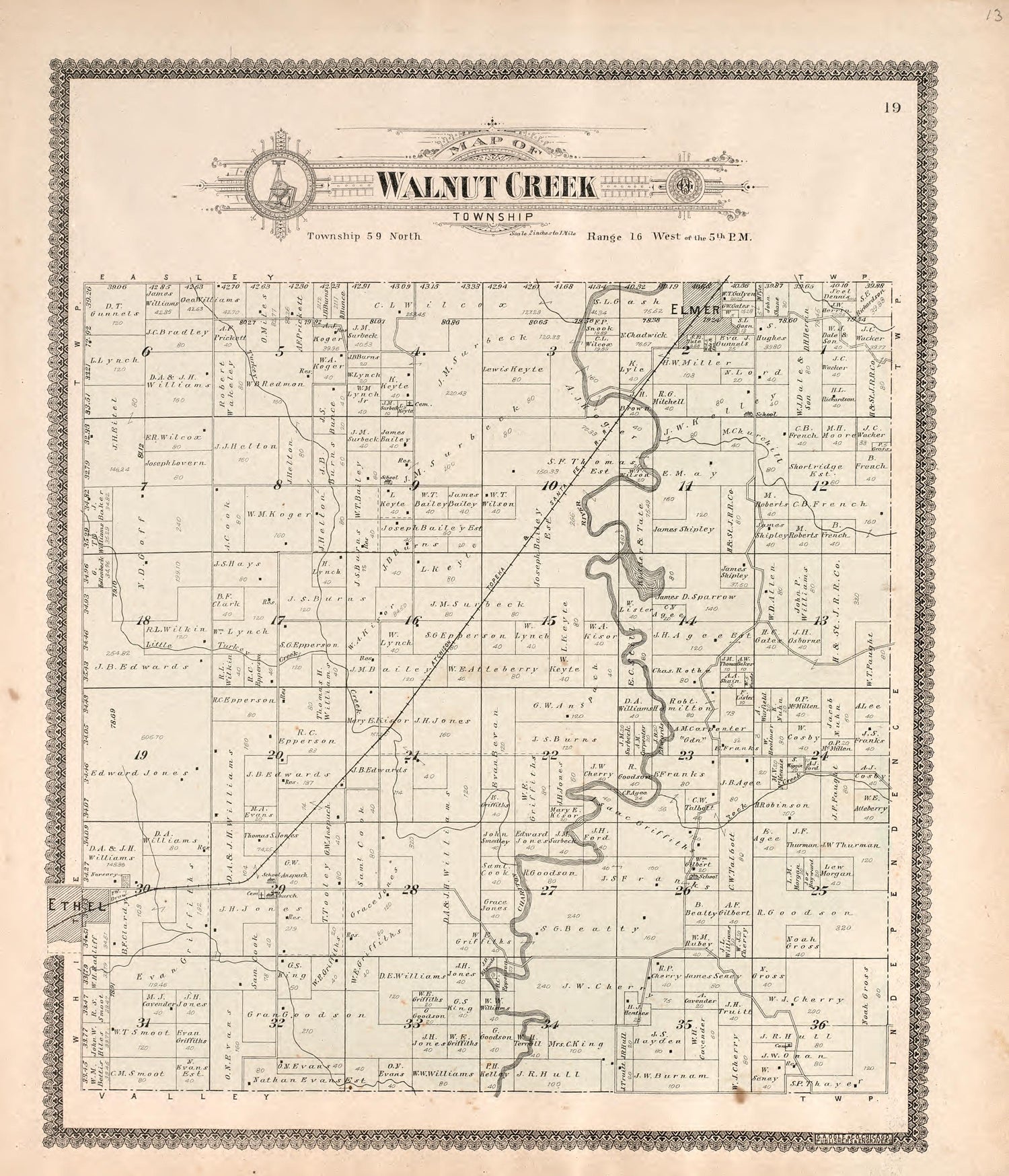 Walnut Creek Towsnhip from Standard Atlas of Macon County, Missouri : Including a Plat Book of the Villages, Cities and Townships of the County, Map of the State, United States and World : Farmers Directory, Reference … 1897 by Relic Map Company