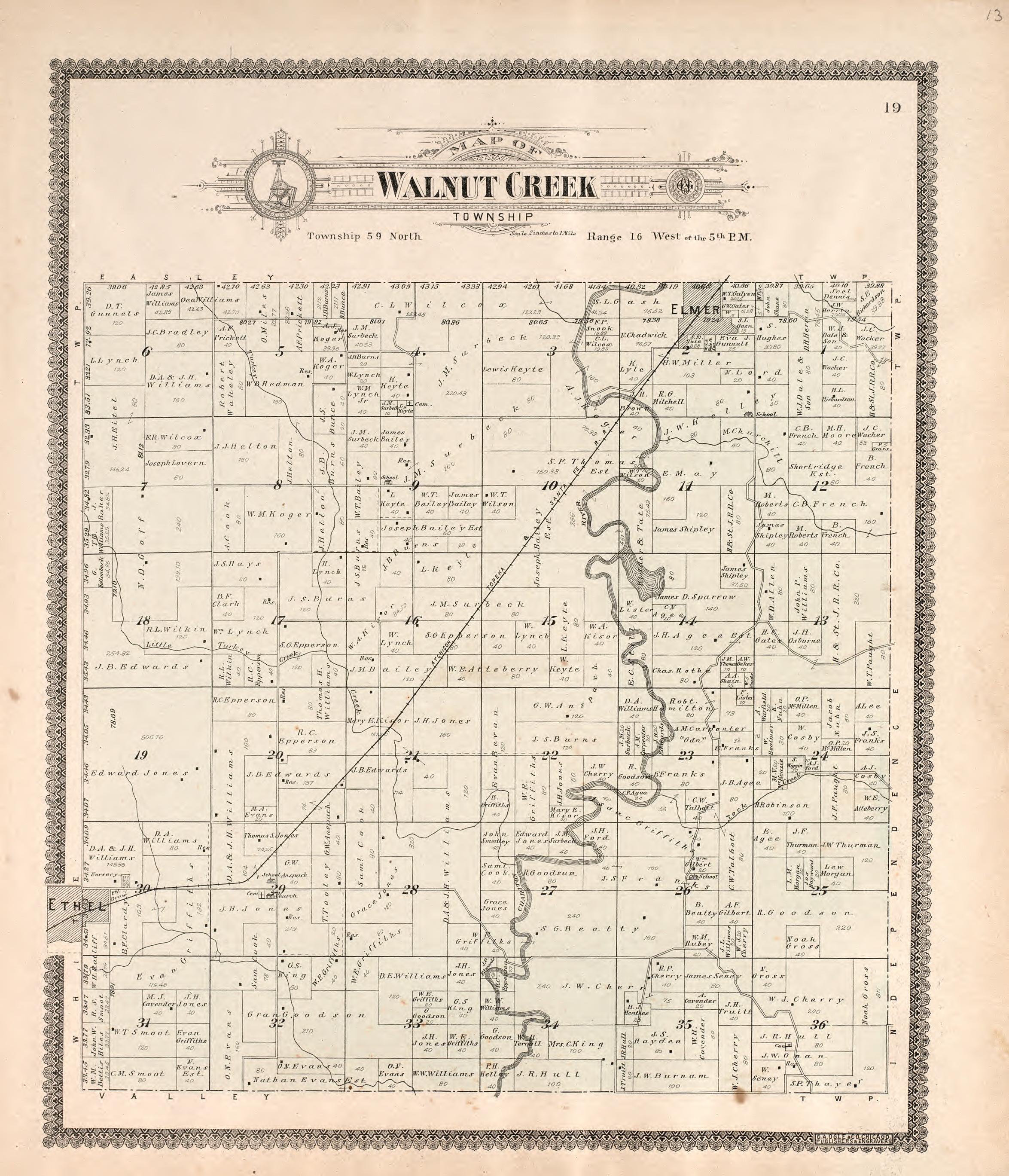 Walnut Creek Towsnhip from Standard Atlas of Macon County, Missouri : Including a Plat Book of the Villages, Cities and Townships of the County, Map of the State, United States and World : Farmers Directory, Reference … 1897 by Relic Map Company