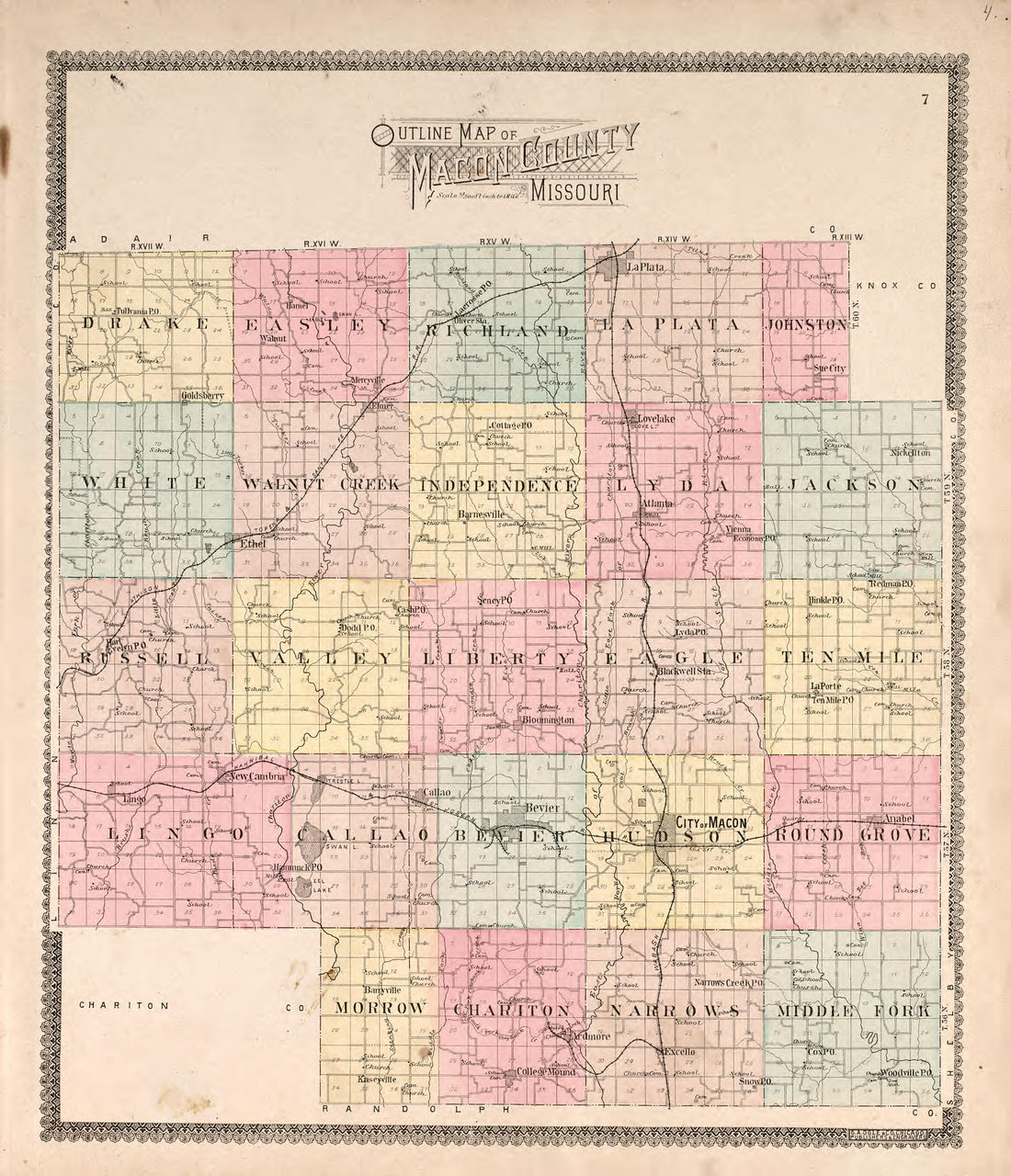 Outline Map of Macon County, Missouri from Standard Atlas of Macon County, Missouri : Including a Plat Book of the Villages, Cities and Townships of the County, Map of the State, United States and World : Farmers Directory, Reference … 1897 by Relic Map Company