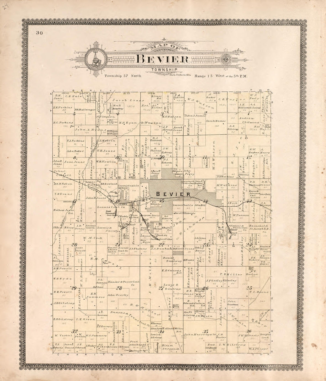 Bevier Township from Standard Atlas of Macon County, Missouri : Including a Plat Book of the Villages, Cities and Townships of the County, Map of the State, United States and World : Farmers Directory, Reference … 1897 by Relic Map Company