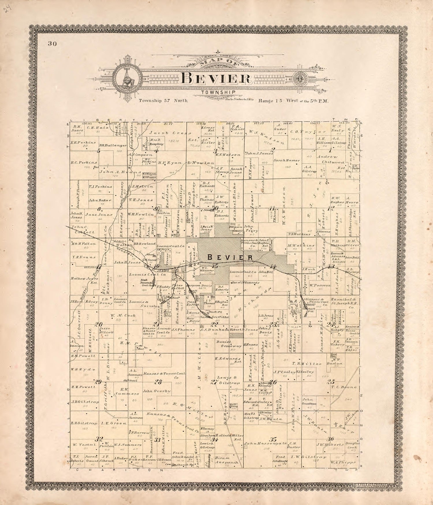 Bevier Township from Standard Atlas of Macon County, Missouri : Including a Plat Book of the Villages, Cities and Townships of the County, Map of the State, United States and World : Farmers Directory, Reference … 1897 by Relic Map Company