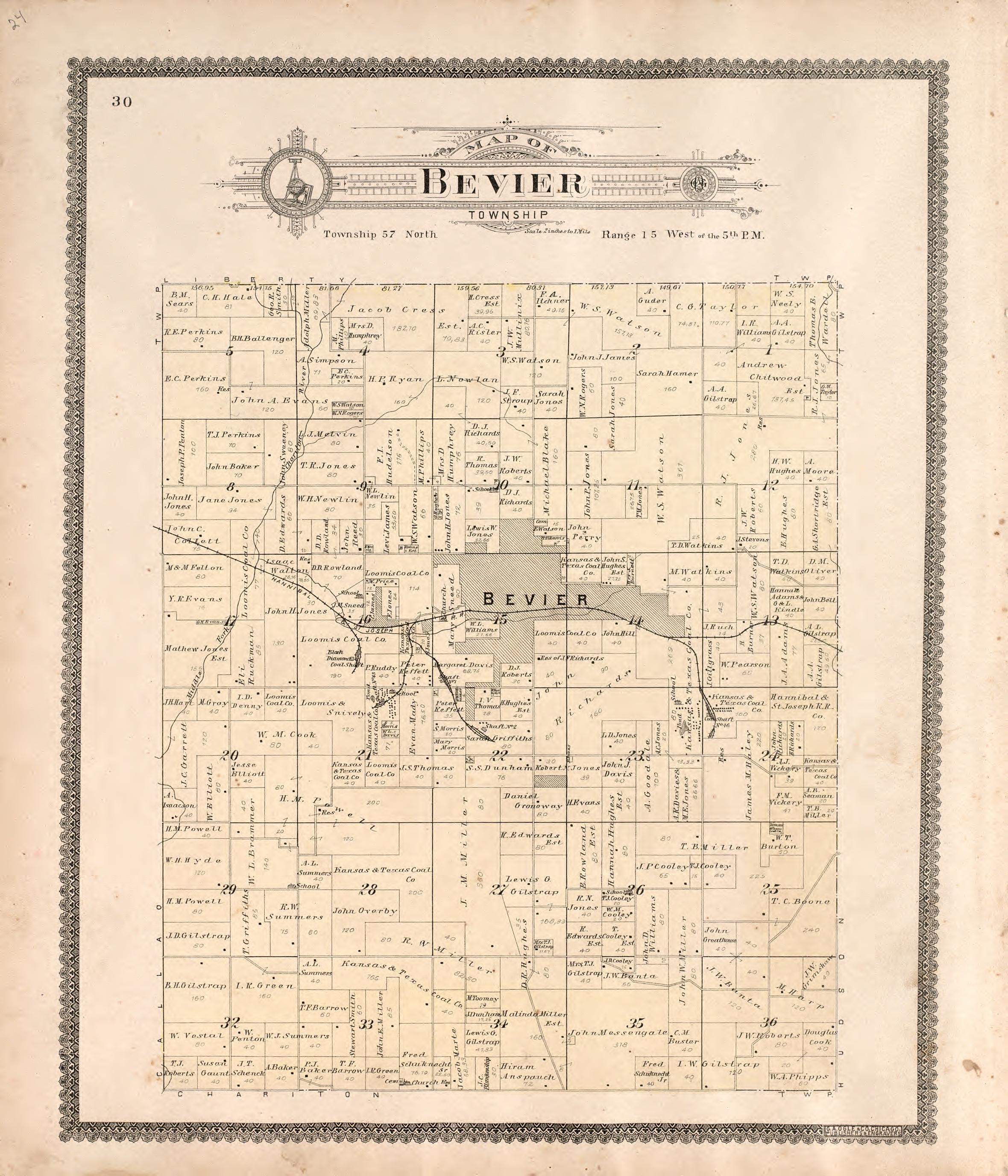 Bevier Township from Standard Atlas of Macon County, Missouri : Including a Plat Book of the Villages, Cities and Townships of the County, Map of the State, United States and World : Farmers Directory, Reference … 1897 by Relic Map Company