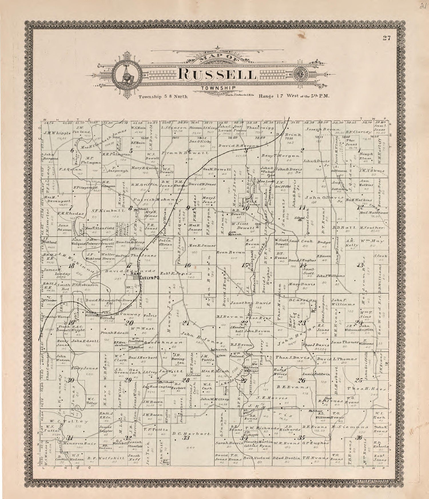 Russell Township from Standard Atlas of Macon County, Missouri : Including a Plat Book of the Villages, Cities and Townships of the County, Map of the State, United States and World : Farmers Directory, Reference … 1897 by Relic Map Company