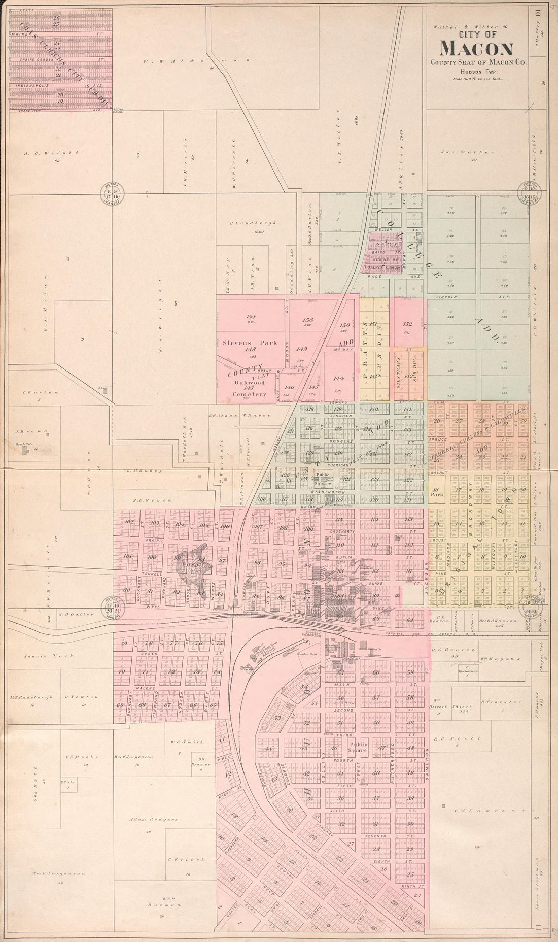 City of Macon from Standard Atlas of Macon County, Missouri : Including a Plat Book of the Villages, Cities and Townships of the County, Map of the State, United States and World : Farmers Directory, Reference … 1897 by Relic Map Company
