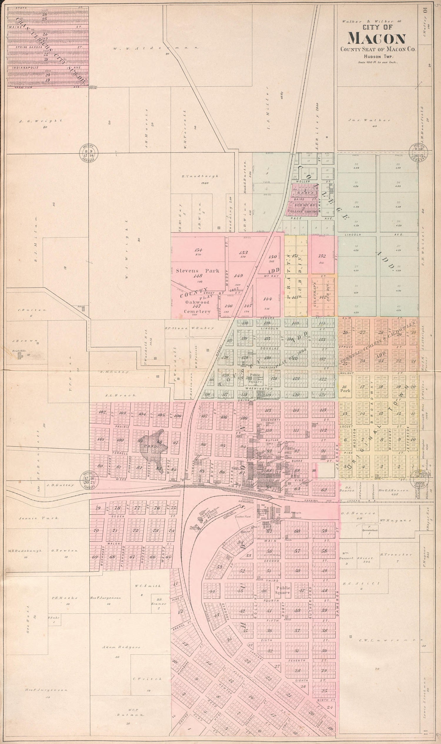 City of Macon from Standard Atlas of Macon County, Missouri : Including a Plat Book of the Villages, Cities and Townships of the County, Map of the State, United States and World : Farmers Directory, Reference … 1897 by Relic Map Company