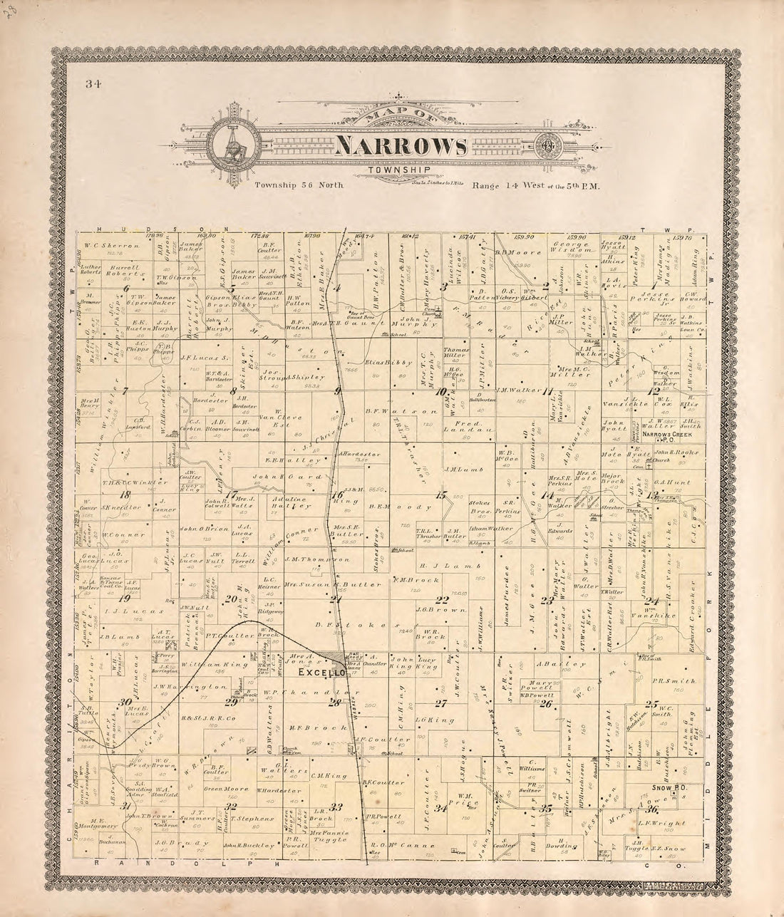 Narrows Township from Standard Atlas of Macon County, Missouri : Including a Plat Book of the Villages, Cities and Townships of the County, Map of the State, United States and World : Farmers Directory, Reference … 1897 by Relic Map Company