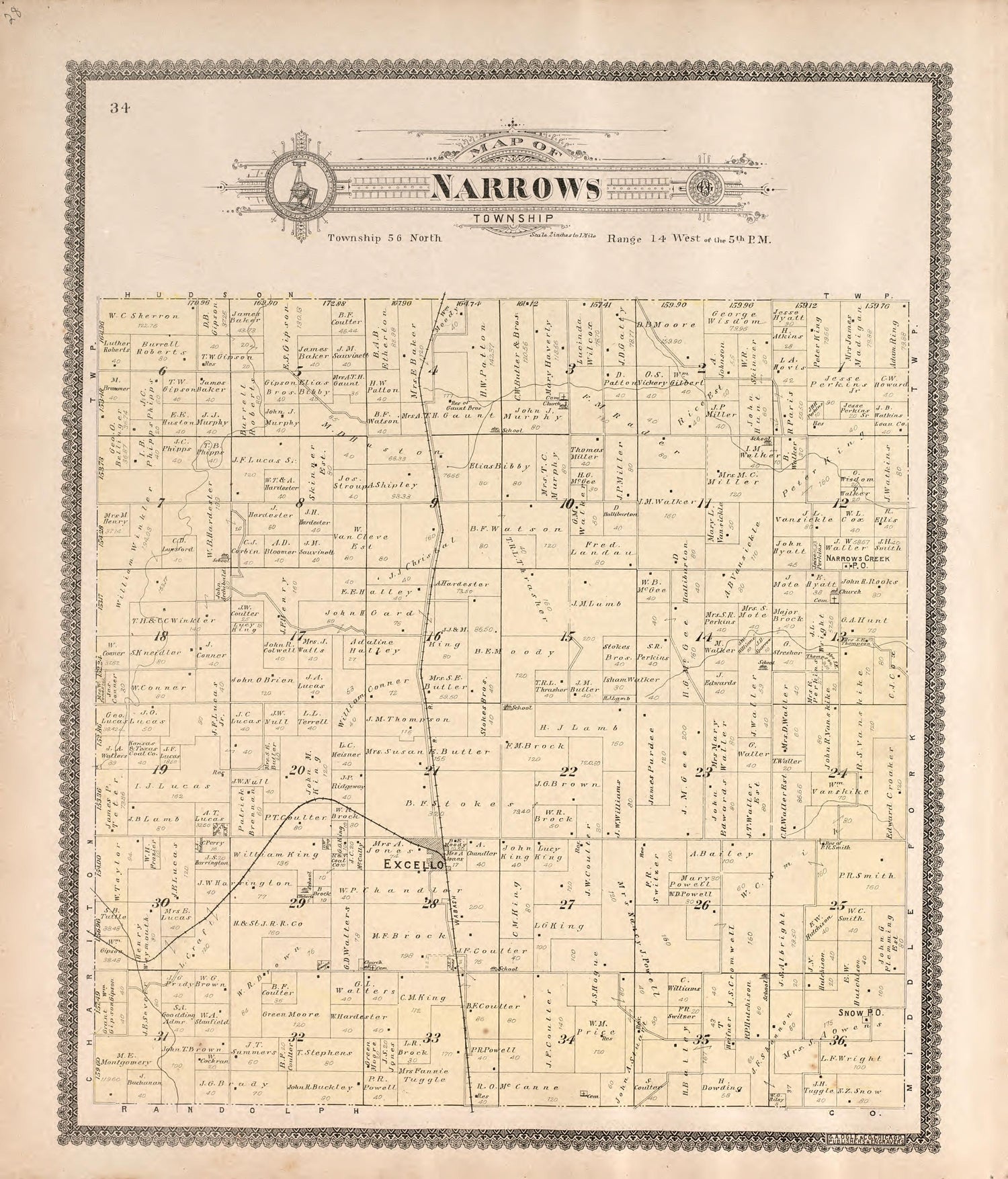 Narrows Township from Standard Atlas of Macon County, Missouri : Including a Plat Book of the Villages, Cities and Townships of the County, Map of the State, United States and World : Farmers Directory, Reference … 1897 by Relic Map Company