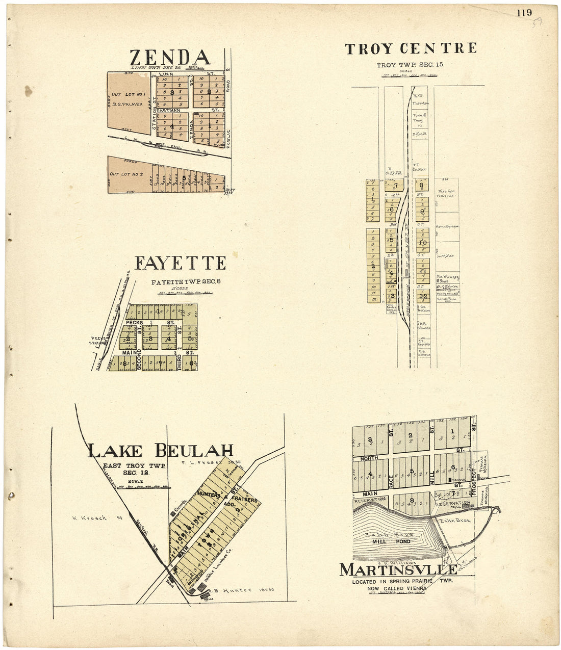 Troy Centre; Zenda; Fayette; Lake Beulah; Martinsville; from Standard Atlas of Walworth County, Wisconsin : Including a Plat Book of the Villages, Cities and Townships of the County, Patrons Directory, Reference Business Directory and Departments Devo... by Relic Map Company