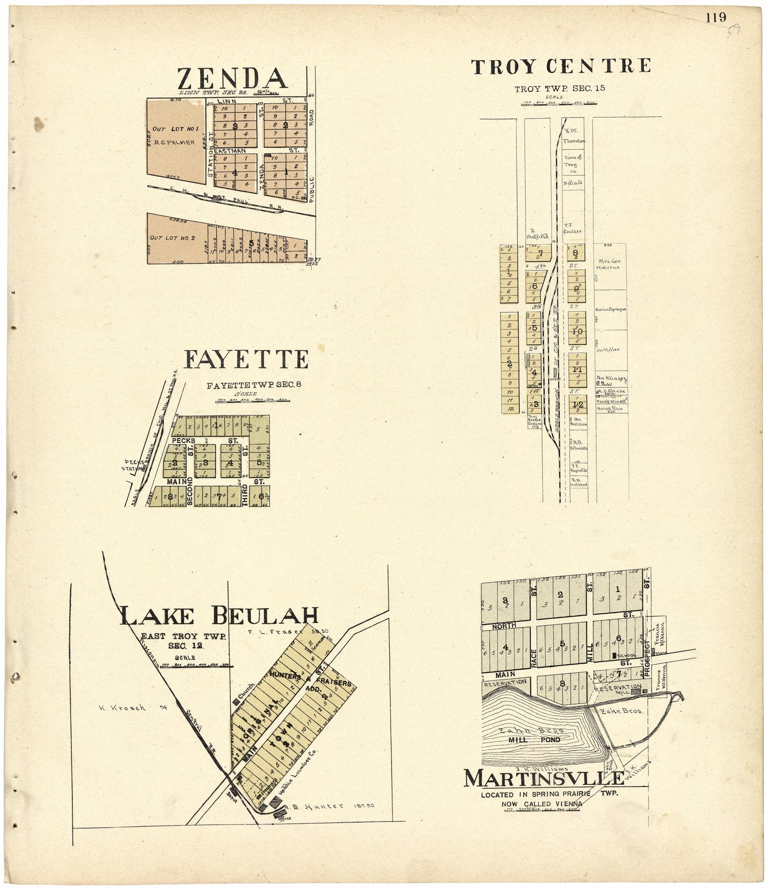 Troy Centre; Zenda; Fayette; Lake Beulah; Martinsville; from Standard Atlas of Walworth County, Wisconsin : Including a Plat Book of the Villages, Cities and Townships of the County, Patrons Directory, Reference Business Directory and Departments Devo... by Relic Map Company