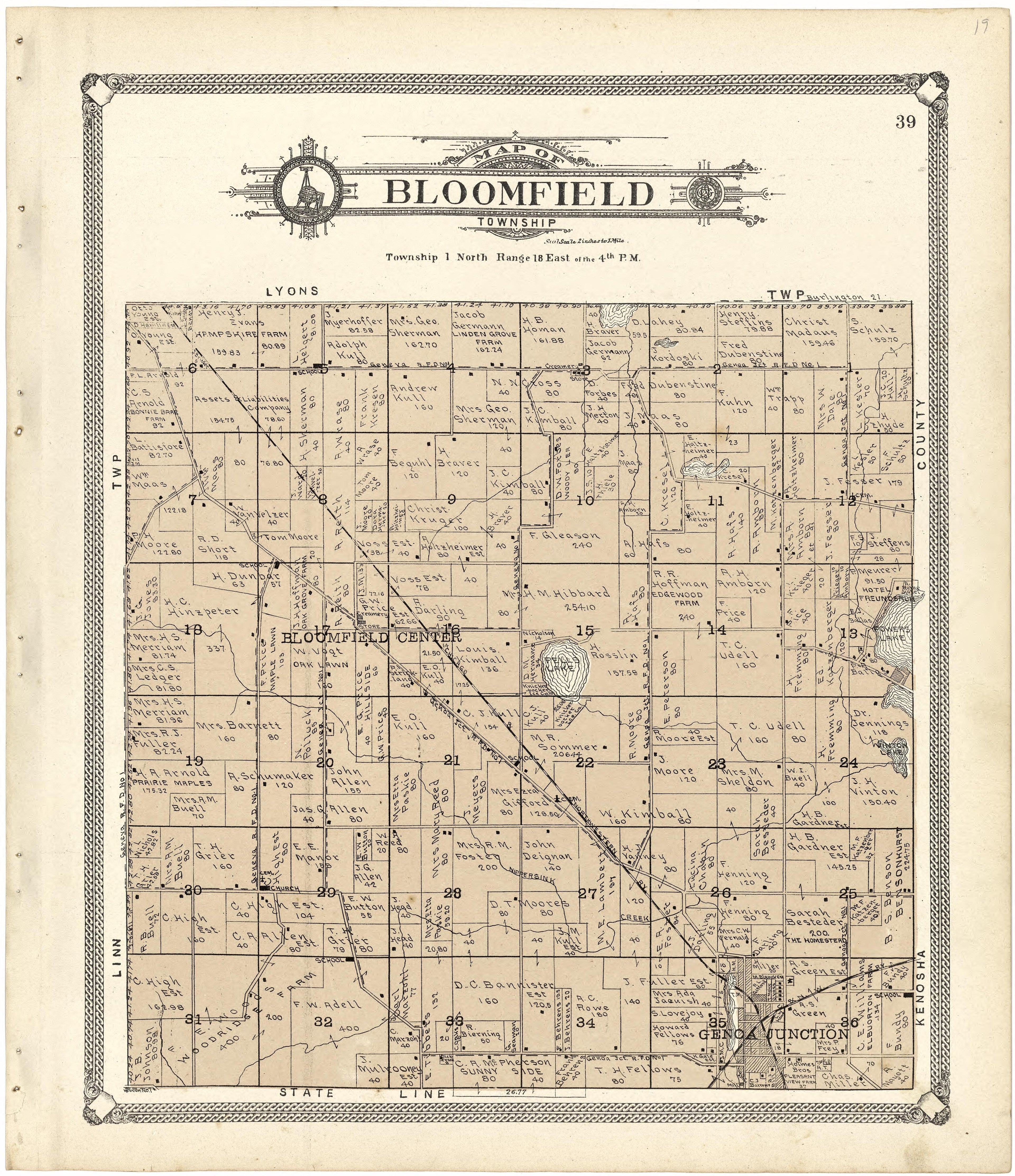 Map of Bloomfield Township from Standard Atlas of Walworth County, Wisconsin 1907 by Relic Map Company