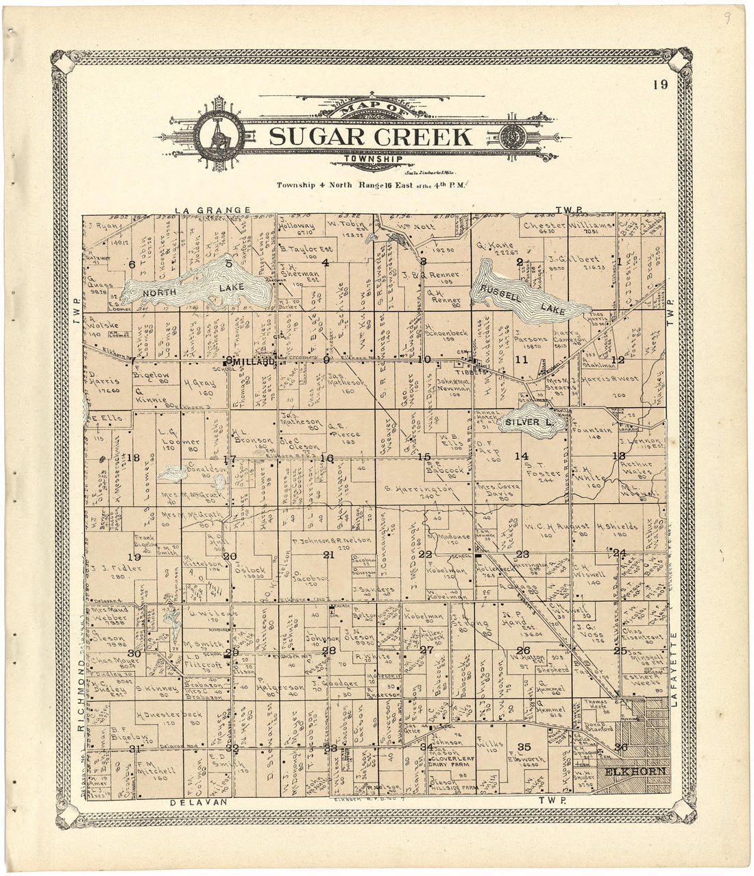 Map of Sugar Creek Township from Standard Atlas of Walworth County, Wisconsin 1907 by Relic Map Company