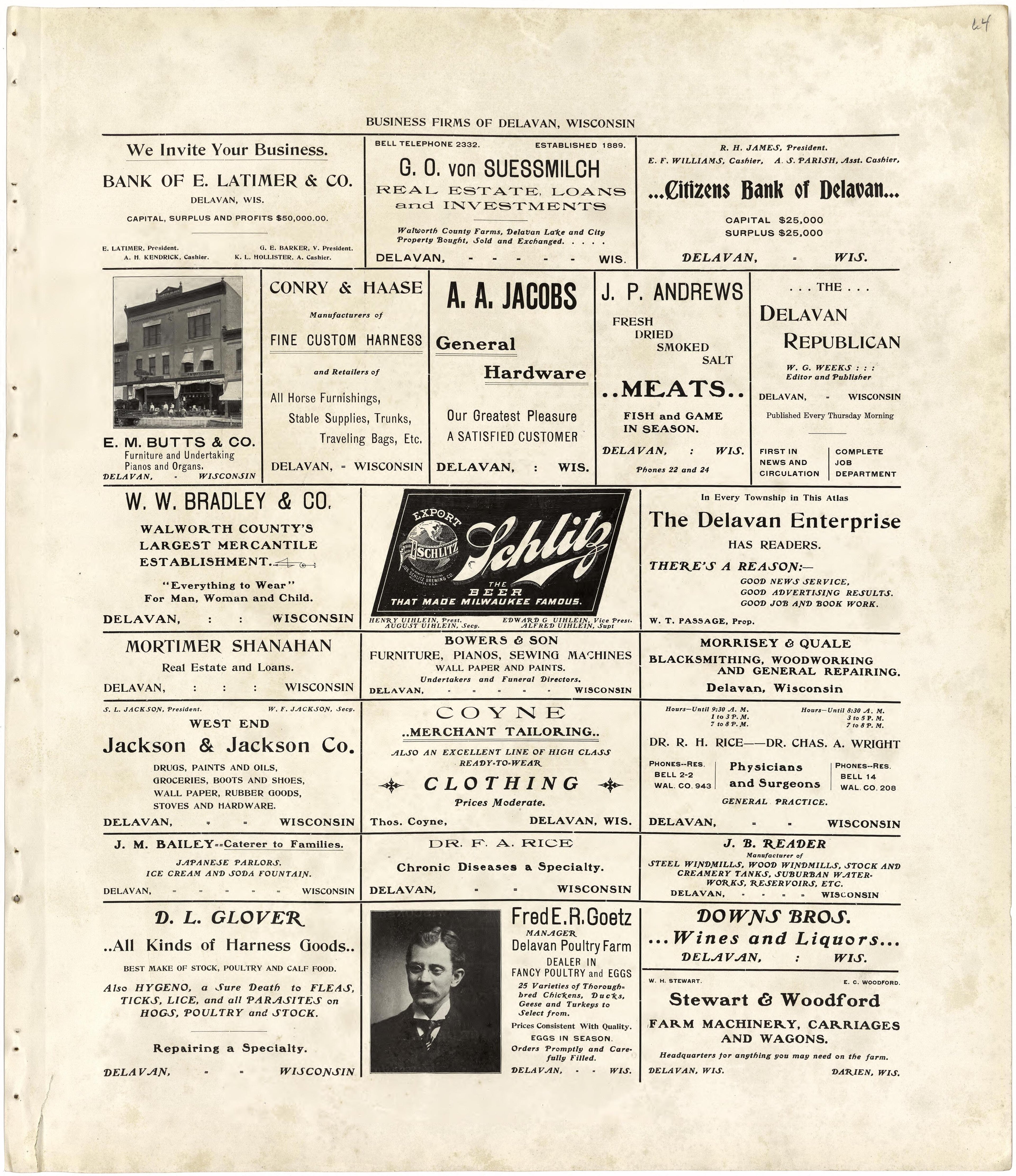 Business Firms of Delavan, Wisconsin from Standard Atlas of Walworth County, Wisconsin : Including a Plat Book of the Villages, Cities and Townships of the County, Patrons Directory, Reference Business Directory and Departments Devoted to General Info... by Relic Map Company