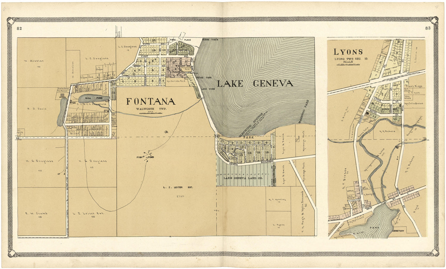 Fontana; Lake Geneva; Lyons from Standard Atlas of Walworth County, Wisconsin 1907 by Relic Map Company