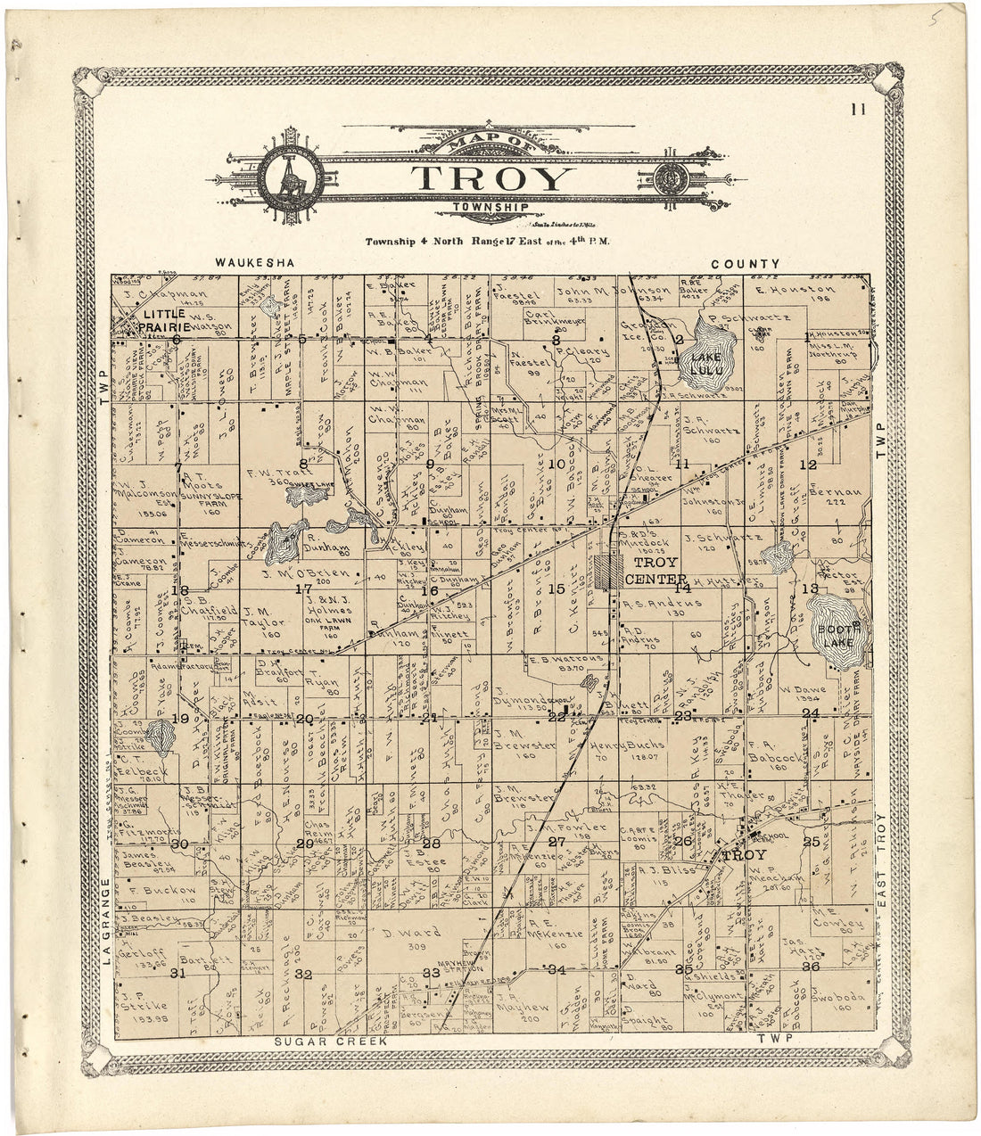 Map of Troy Township from Standard Atlas of Walworth County, Wisconsin 1907 by Relic Map Company
