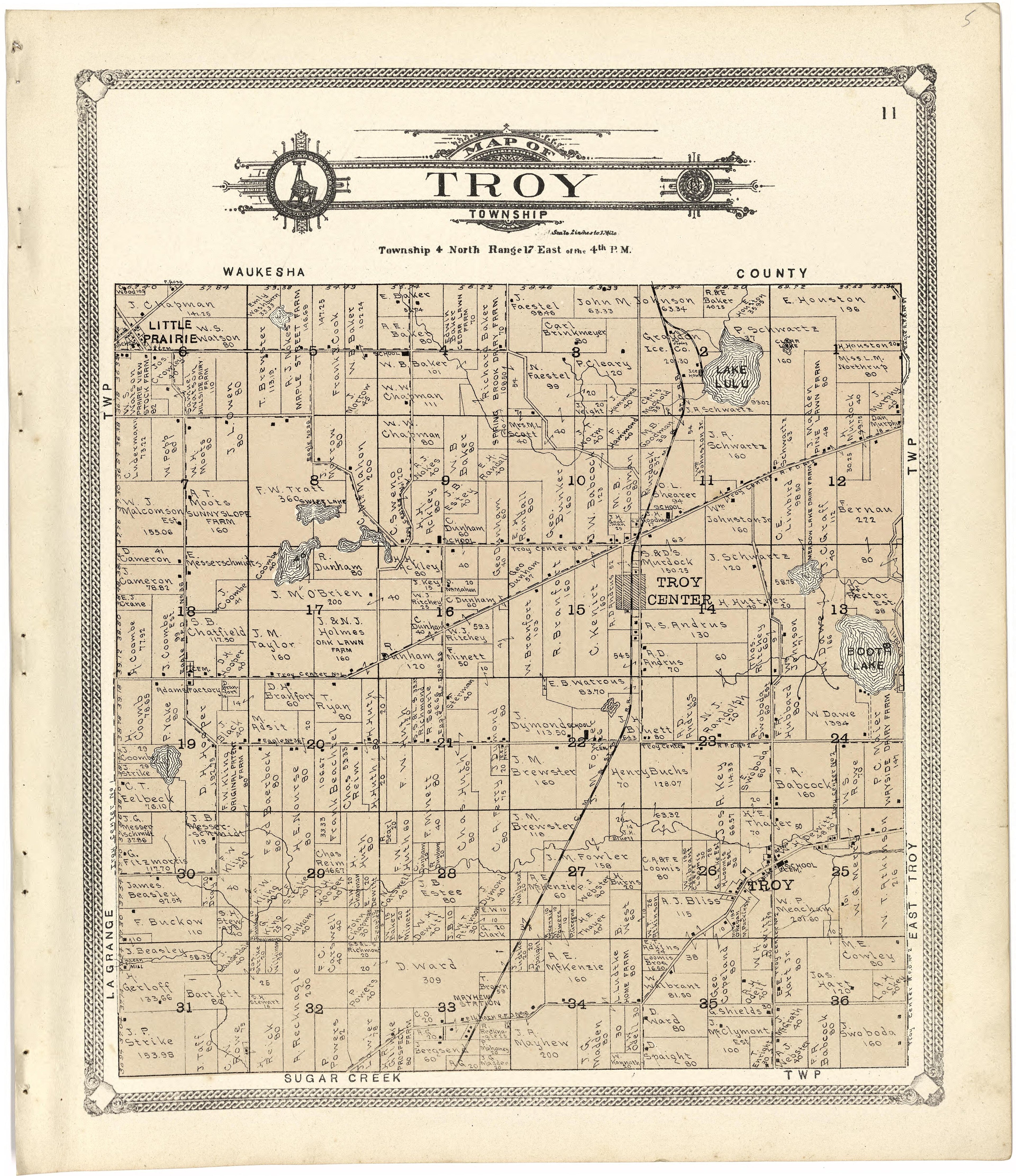 Map of Troy Township from Standard Atlas of Walworth County, Wisconsin 1907 by Relic Map Company