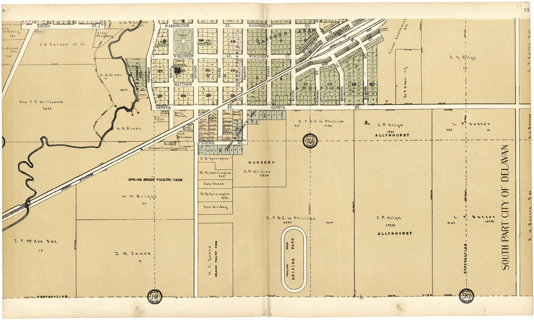 South Part City of Delavan from Standard Atlas of Walworth County, Wisconsin 1907 by Relic Map Company