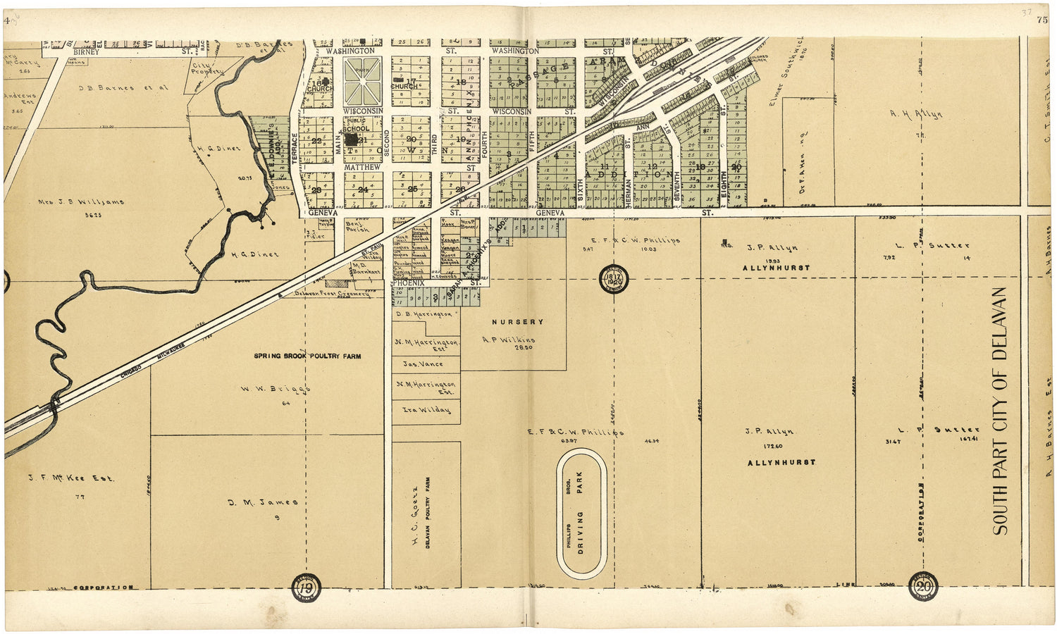 South Part City of Delavan from Standard Atlas of Walworth County, Wisconsin 1907 by Relic Map Company