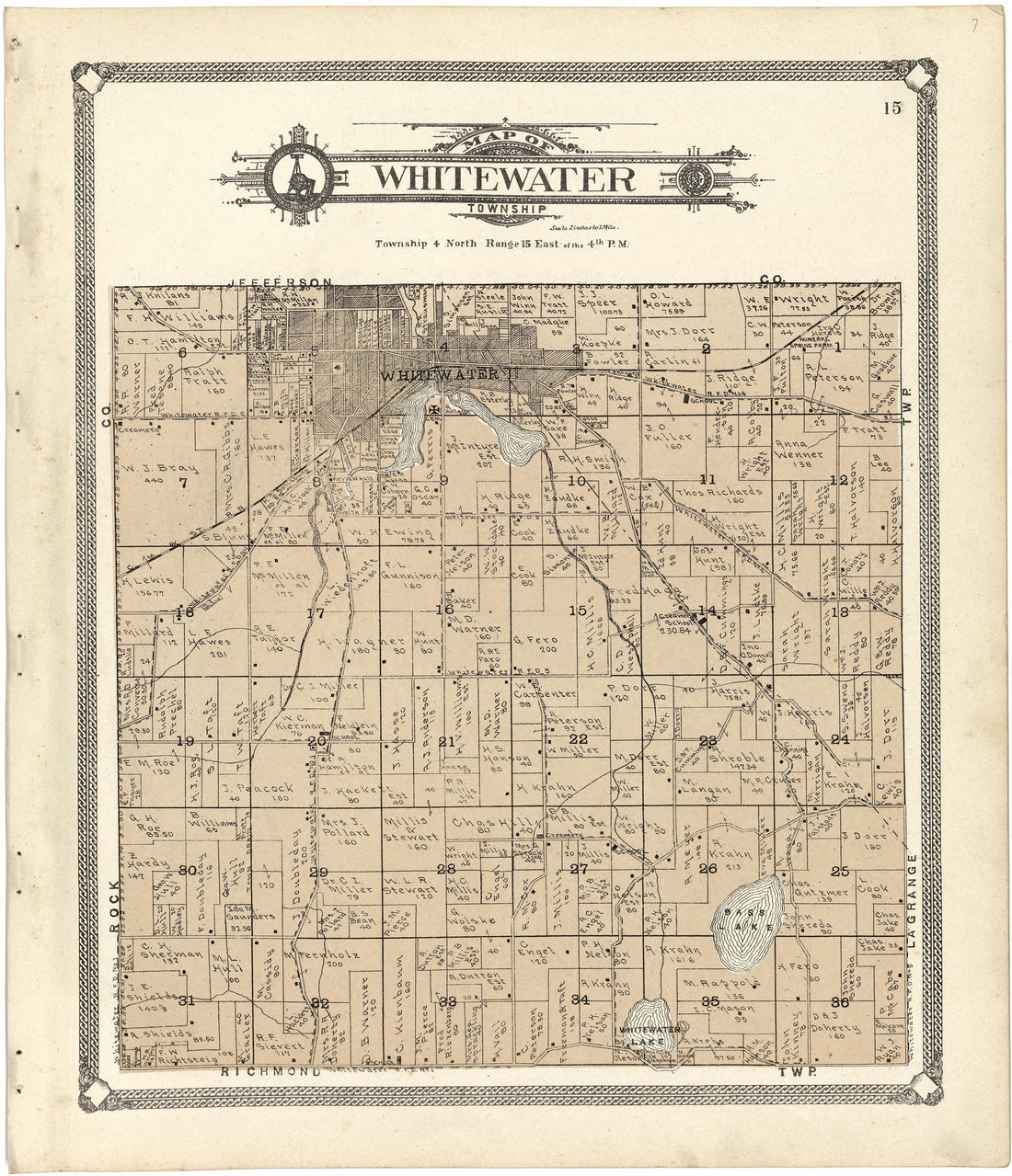Map of Whitewater Township from Standard Atlas of Walworth County, Wisconsin 1907 by Relic Map Company