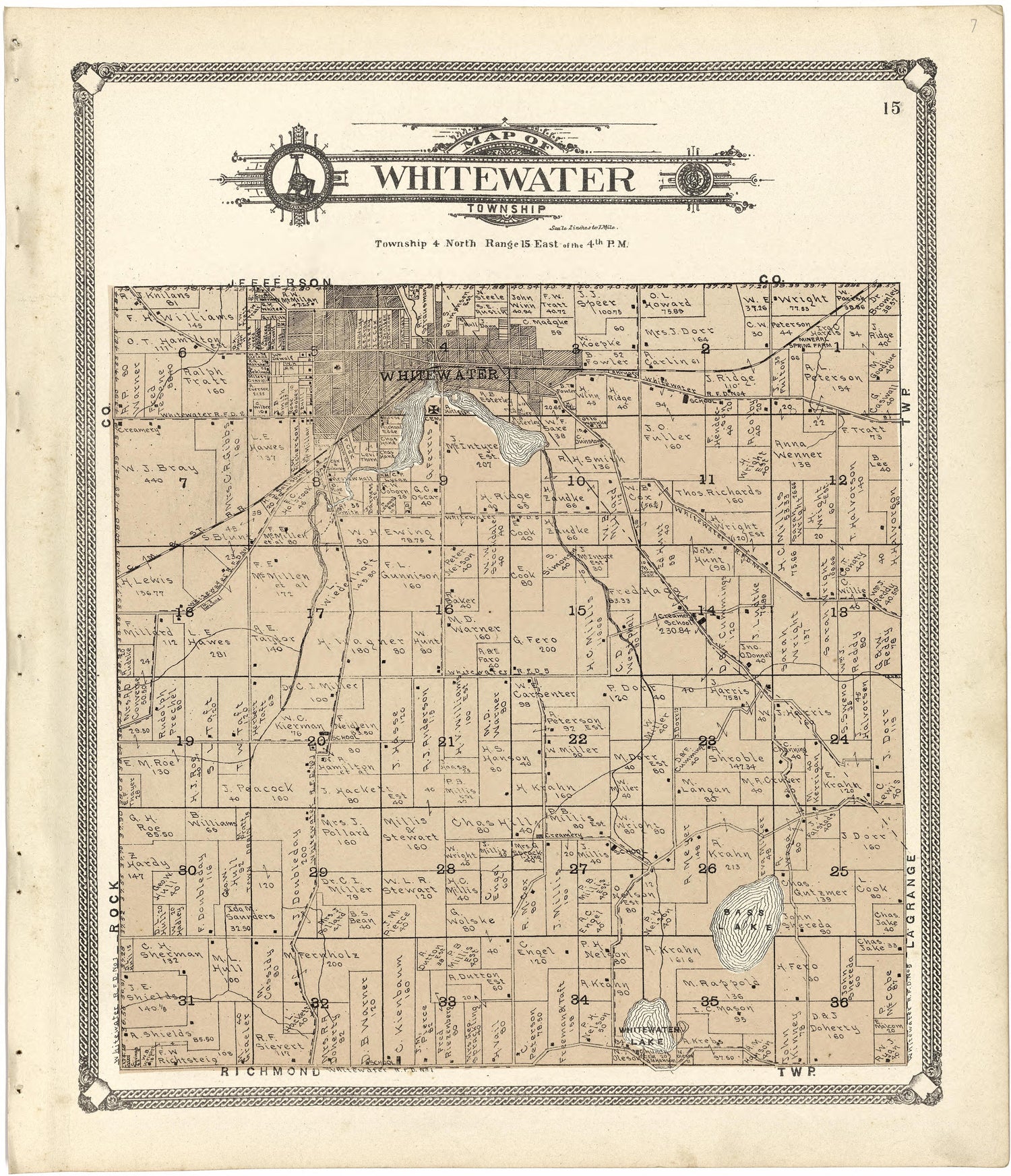Map of Whitewater Township from Standard Atlas of Walworth County, Wisconsin 1907 by Relic Map Company