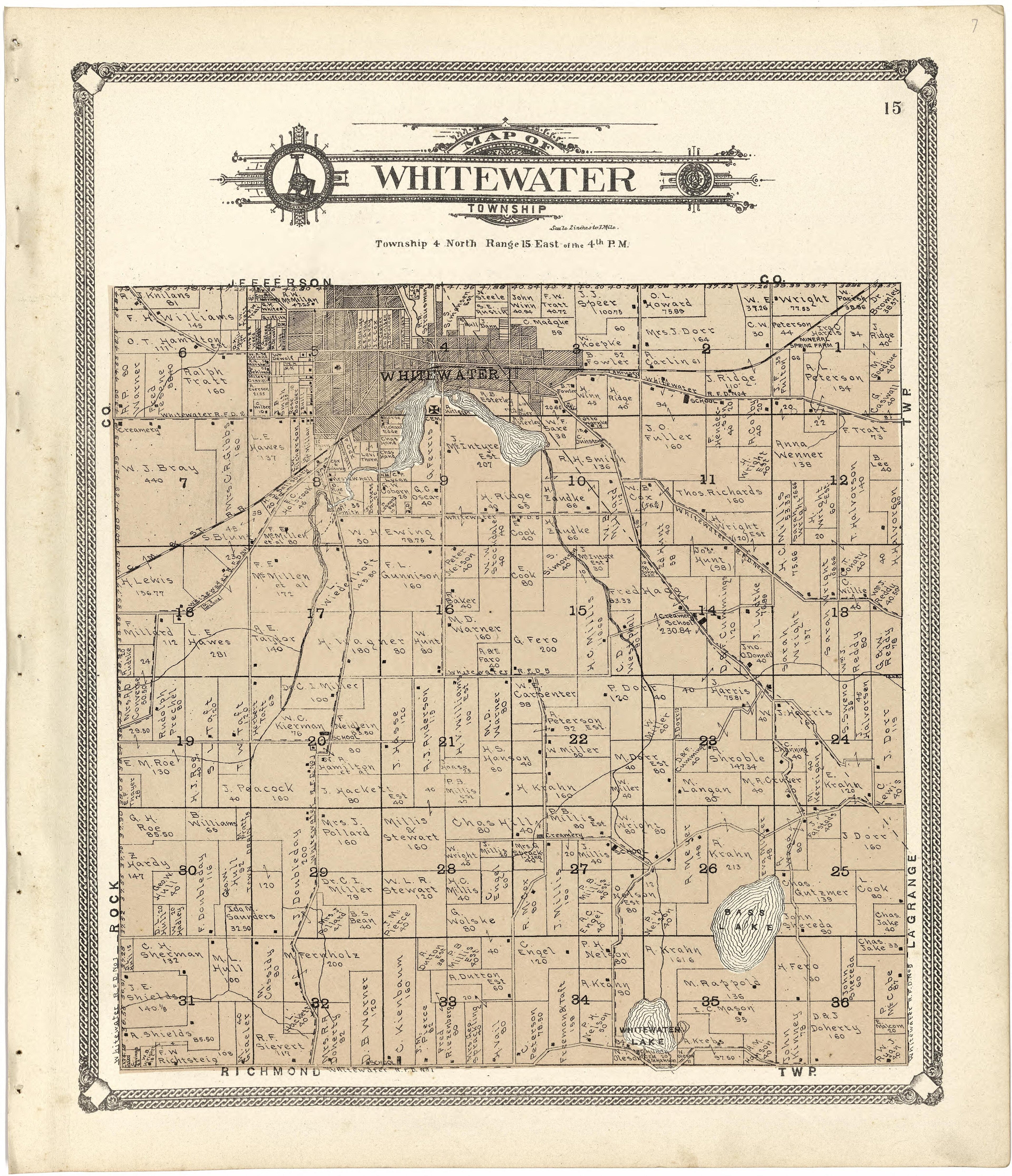 Map of Whitewater Township from Standard Atlas of Walworth County, Wisconsin 1907 by Relic Map Company