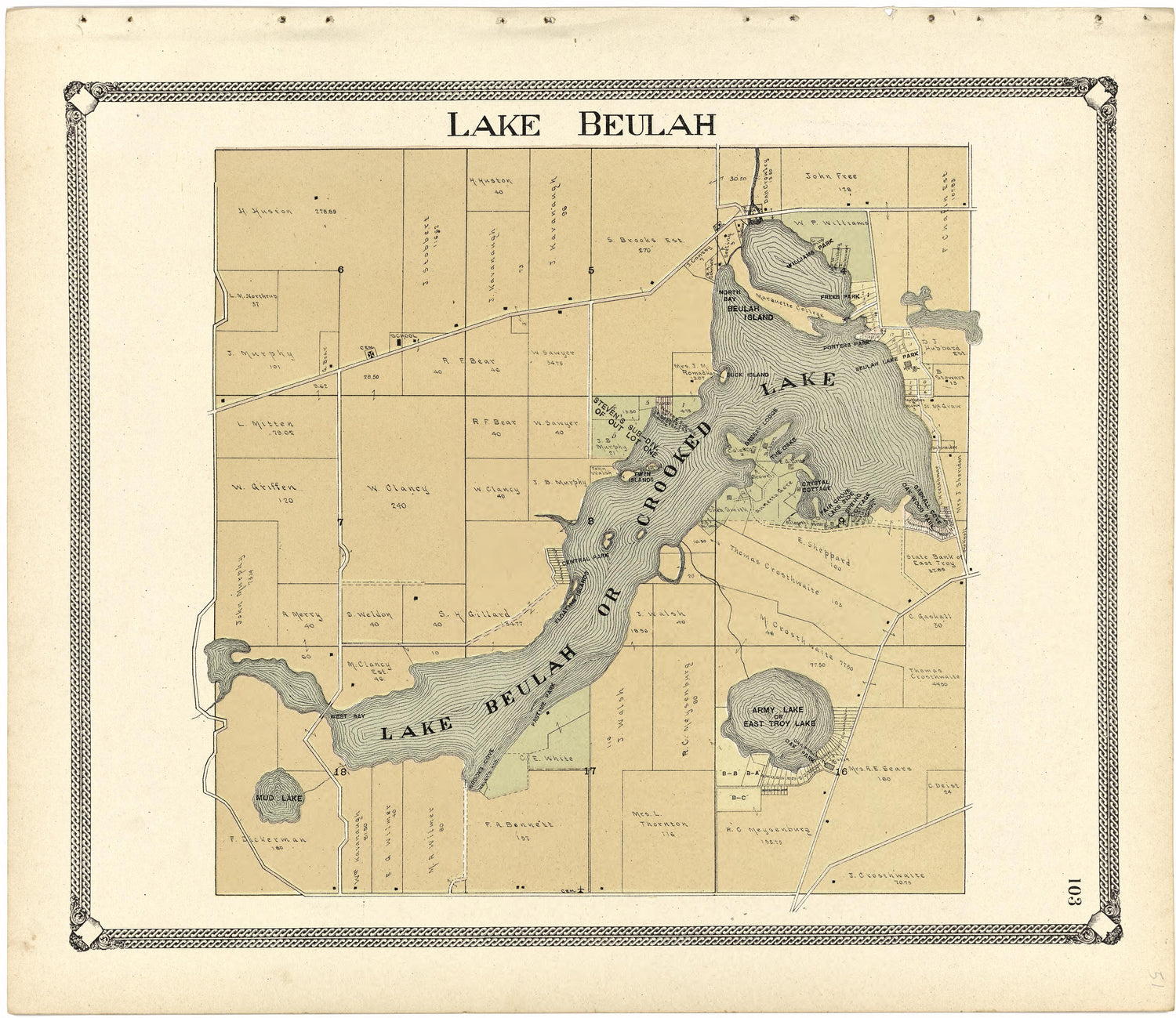 Lake Beulah from Standard Atlas of Walworth County, Wisconsin 1907 by Relic Map Company
