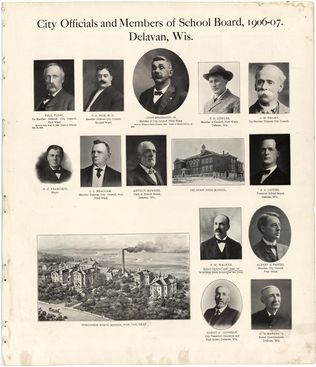 City Officials and Members of School Board, 1906-07. Delavan, Wis. from Standard Atlas of Walworth County, Wisconsin : Including a Plat Book of the Villages, Cities and Townships of the County, Patrons Directory, Reference Business Directory and Depar... by Relic Map Company