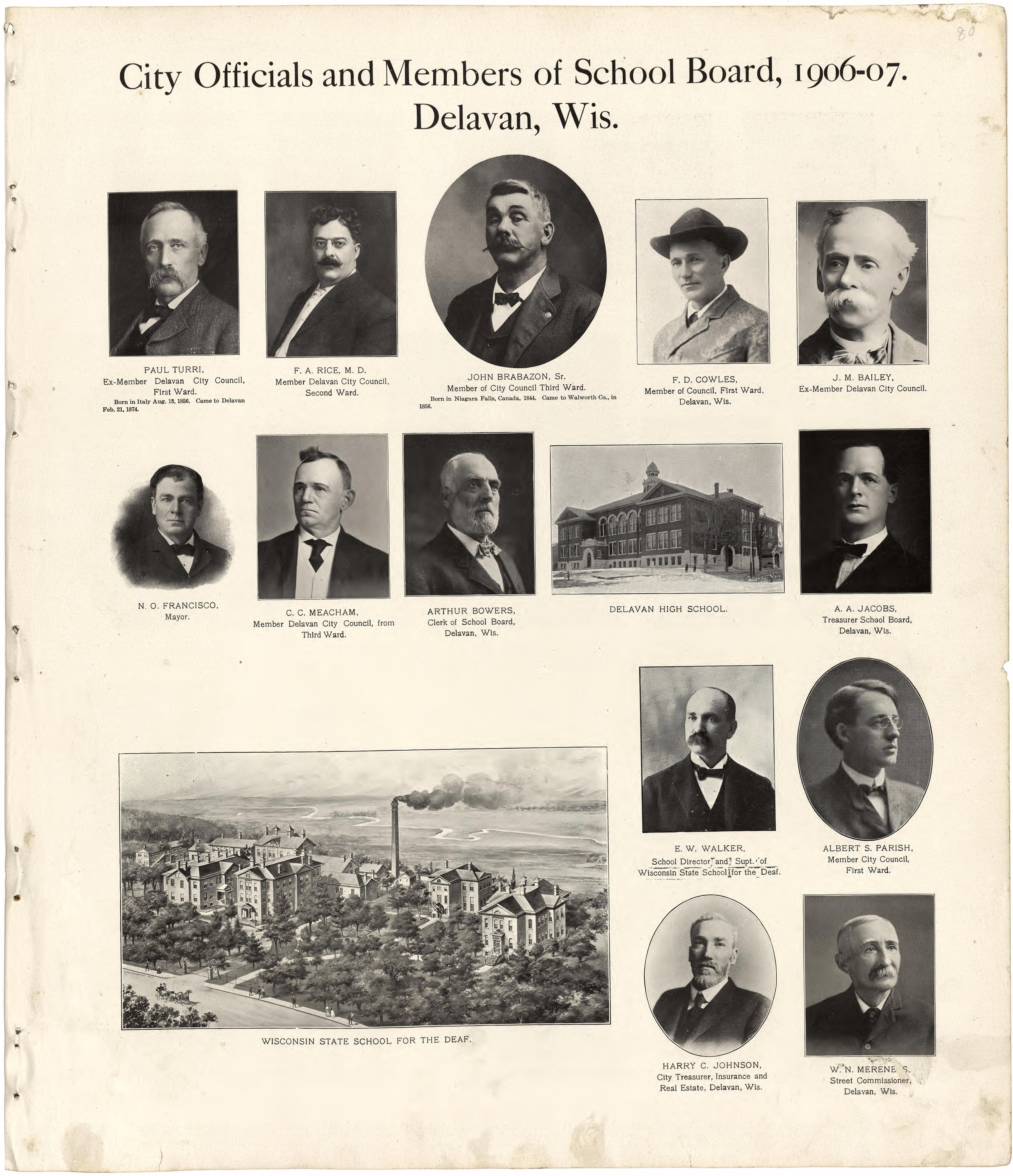 City Officials and Members of School Board, 1906-07. Delavan, Wis. from Standard Atlas of Walworth County, Wisconsin : Including a Plat Book of the Villages, Cities and Townships of the County, Patrons Directory, Reference Business Directory and Depar... by Relic Map Company