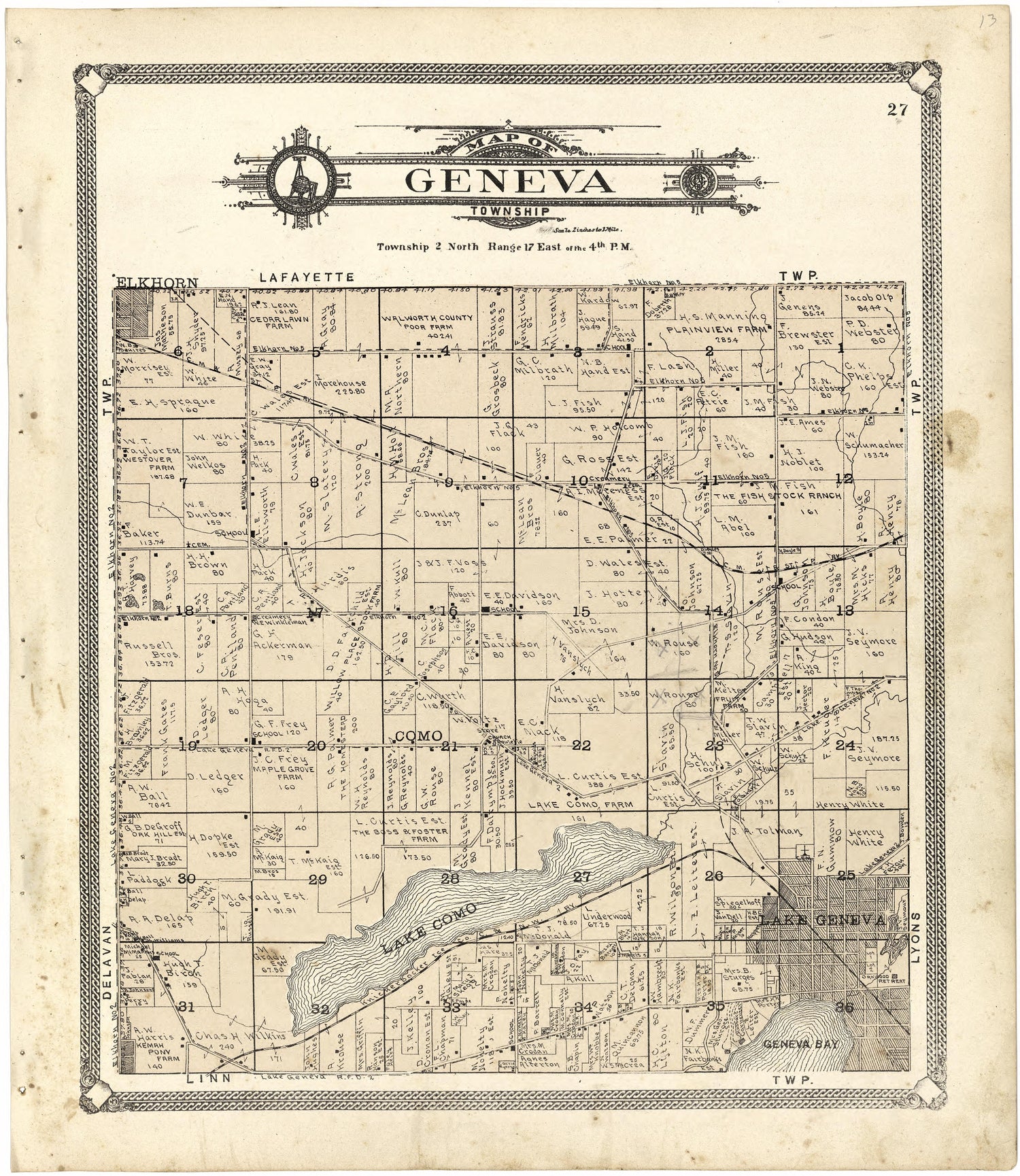 Map of Geneva Township from Standard Atlas of Walworth County, Wisconsin 1907 by Relic Map Company