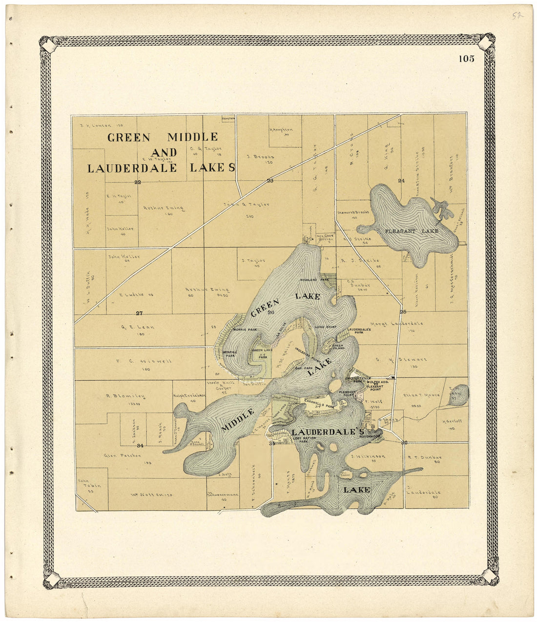 Green Middle and Lauderdale Lakes from Standard Atlas of Walworth County, Wisconsin : Including a Plat Book of the Villages, Cities and Townships of the County, Patrons Directory, Reference Business Directory and Departments Devoted to General Informa... by Relic Map Company