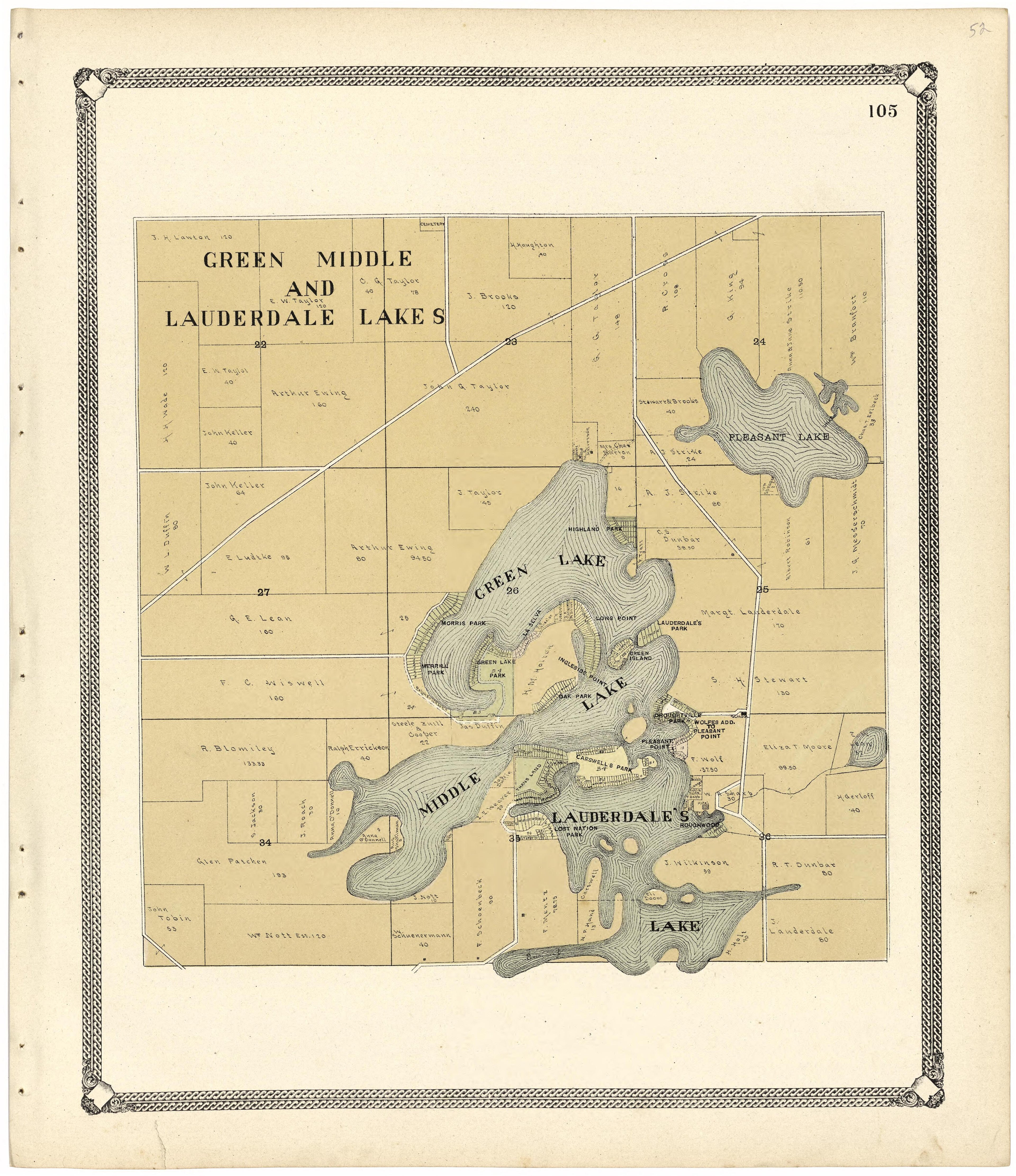 Green Middle and Lauderdale Lakes from Standard Atlas of Walworth County, Wisconsin : Including a Plat Book of the Villages, Cities and Townships of the County, Patrons Directory, Reference Business Directory and Departments Devoted to General Informa... by Relic Map Company