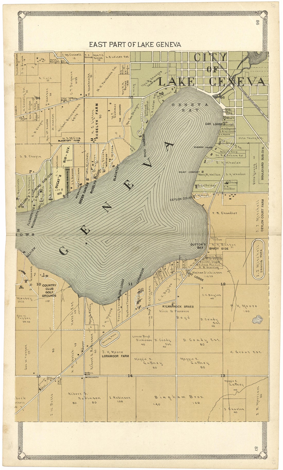 East Part of Lake Geneva from Standard Atlas of Walworth County, Wisconsin 1907 by Relic Map Company