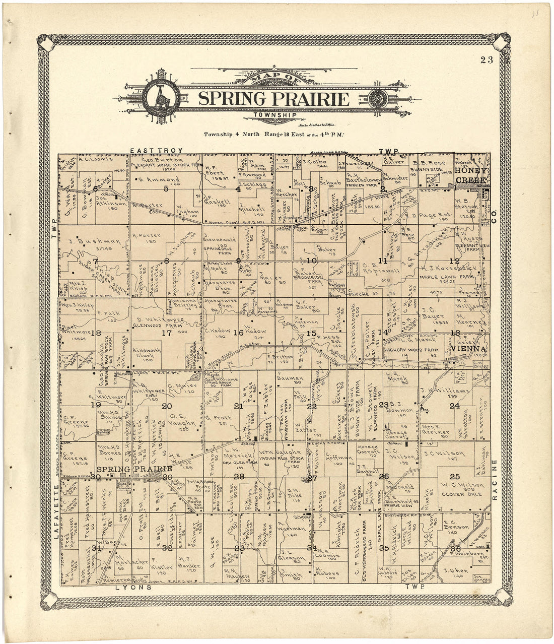 Map of Spring Prairie Township from Standard Atlas of Walworth County, Wisconsin 1907 by Relic Map Company