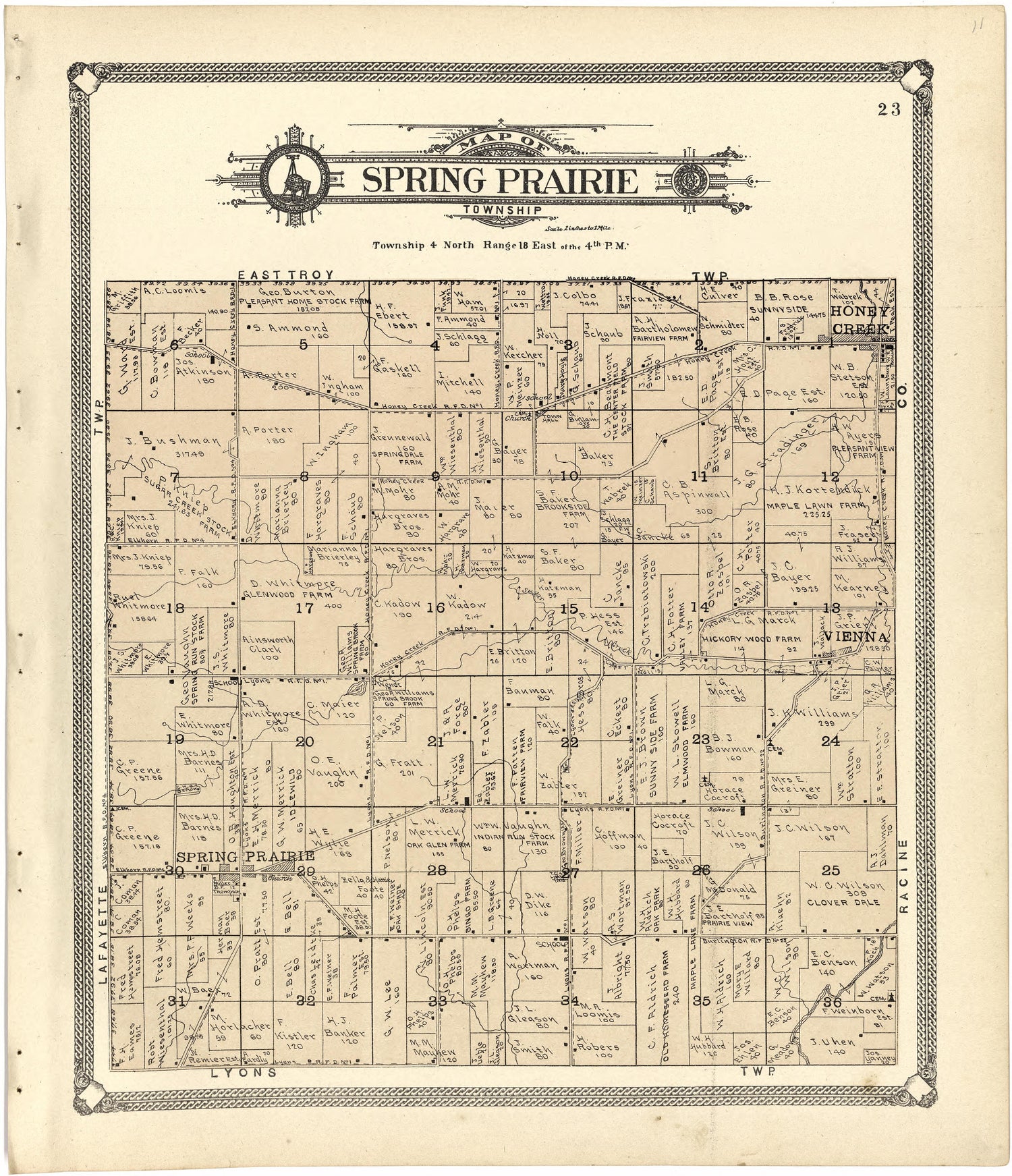 Map of Spring Prairie Township from Standard Atlas of Walworth County, Wisconsin 1907 by Relic Map Company