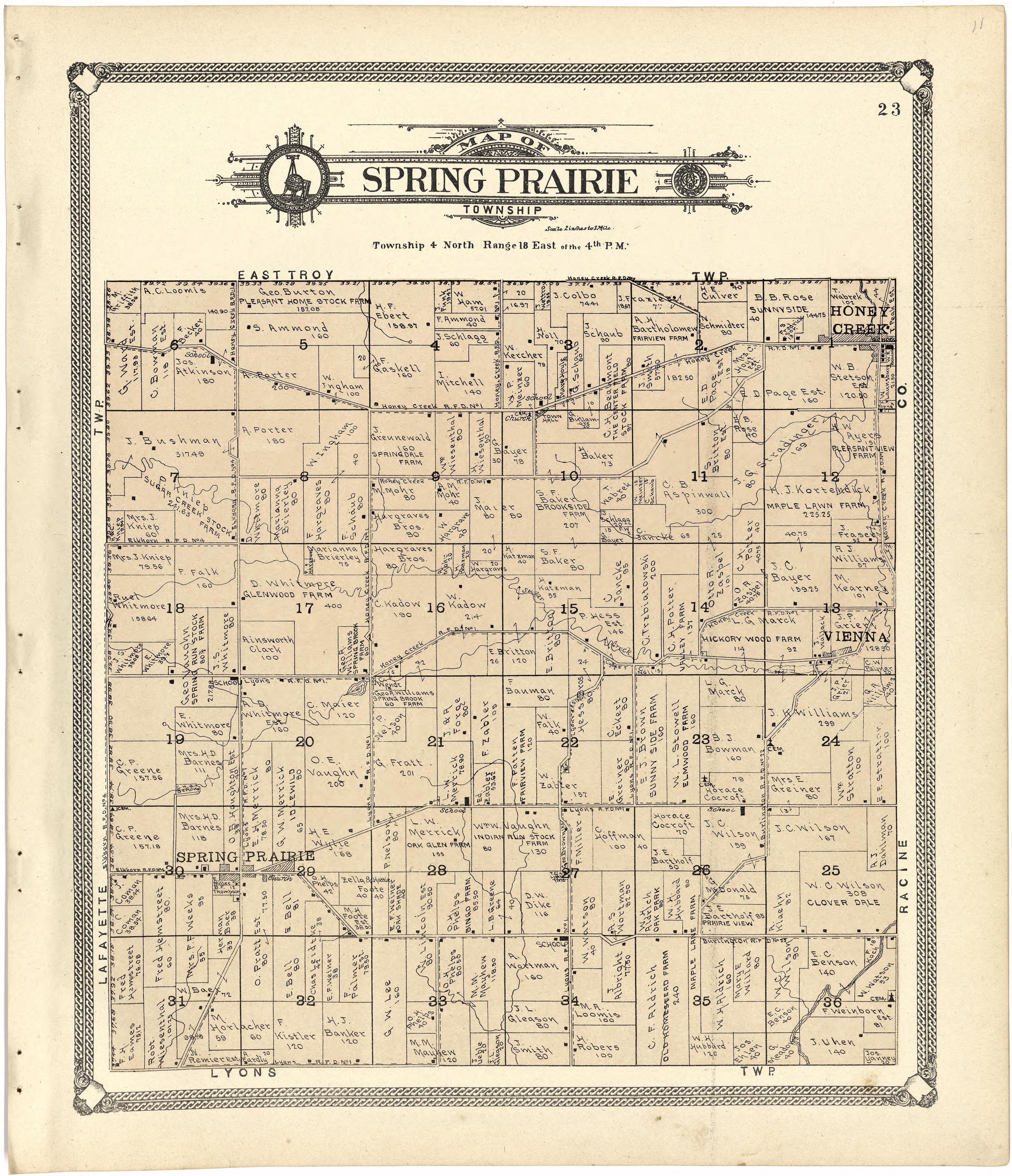 Map of Spring Prairie Township from Standard Atlas of Walworth County, Wisconsin 1907 by Relic Map Company