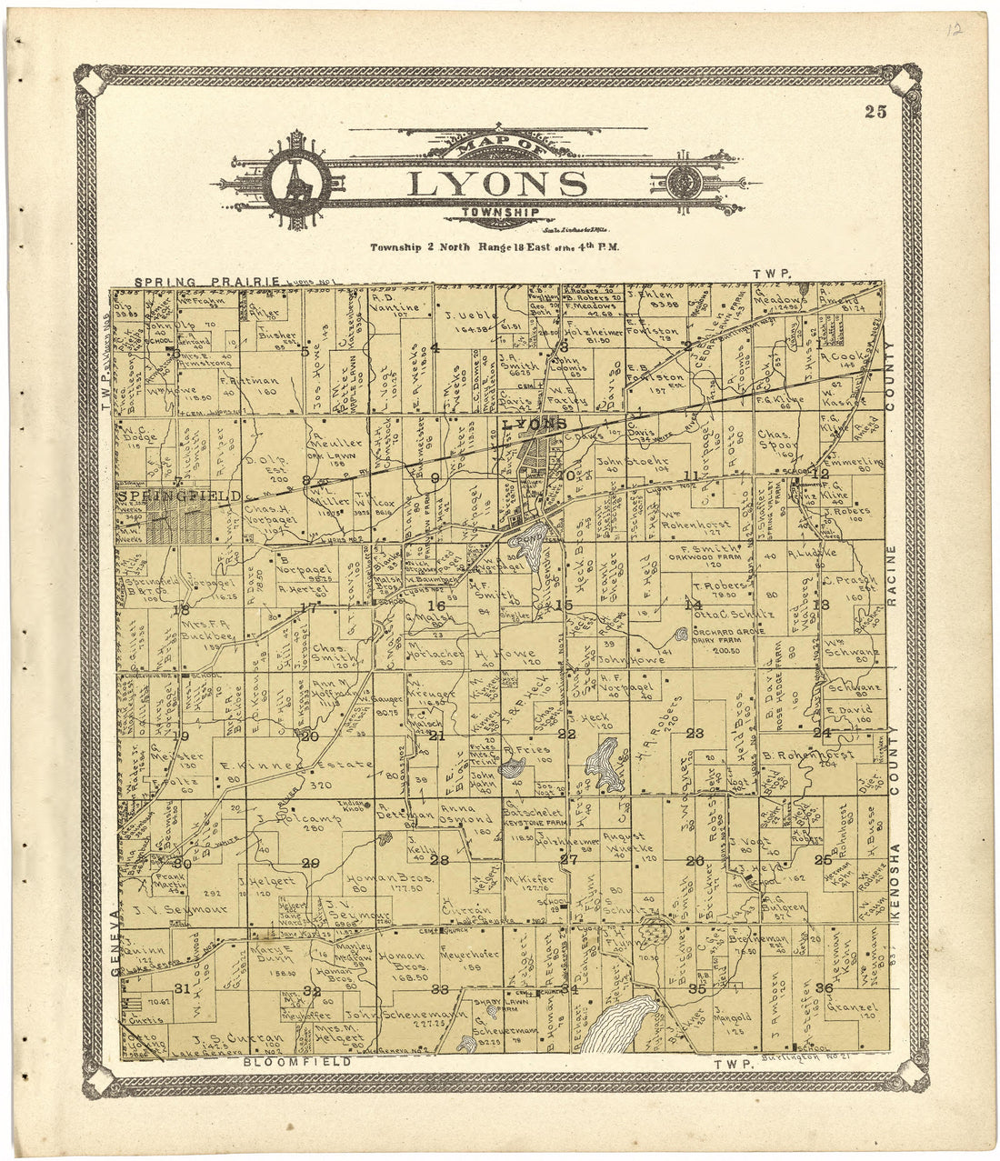 Map of Lyons Township from Standard Atlas of Walworth County, Wisconsin 1907 by Relic Map Company