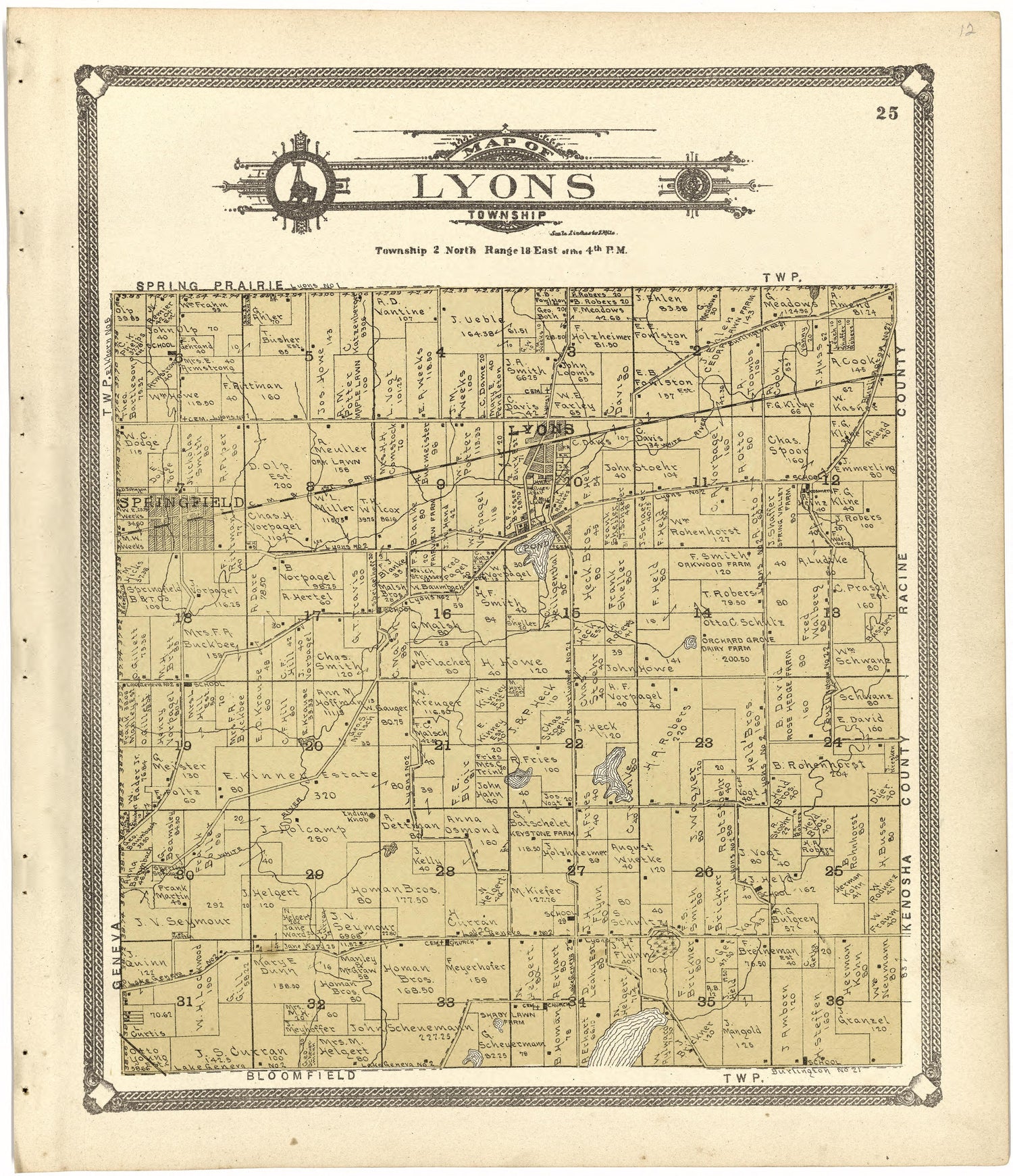 Map of Lyons Township from Standard Atlas of Walworth County, Wisconsin 1907 by Relic Map Company