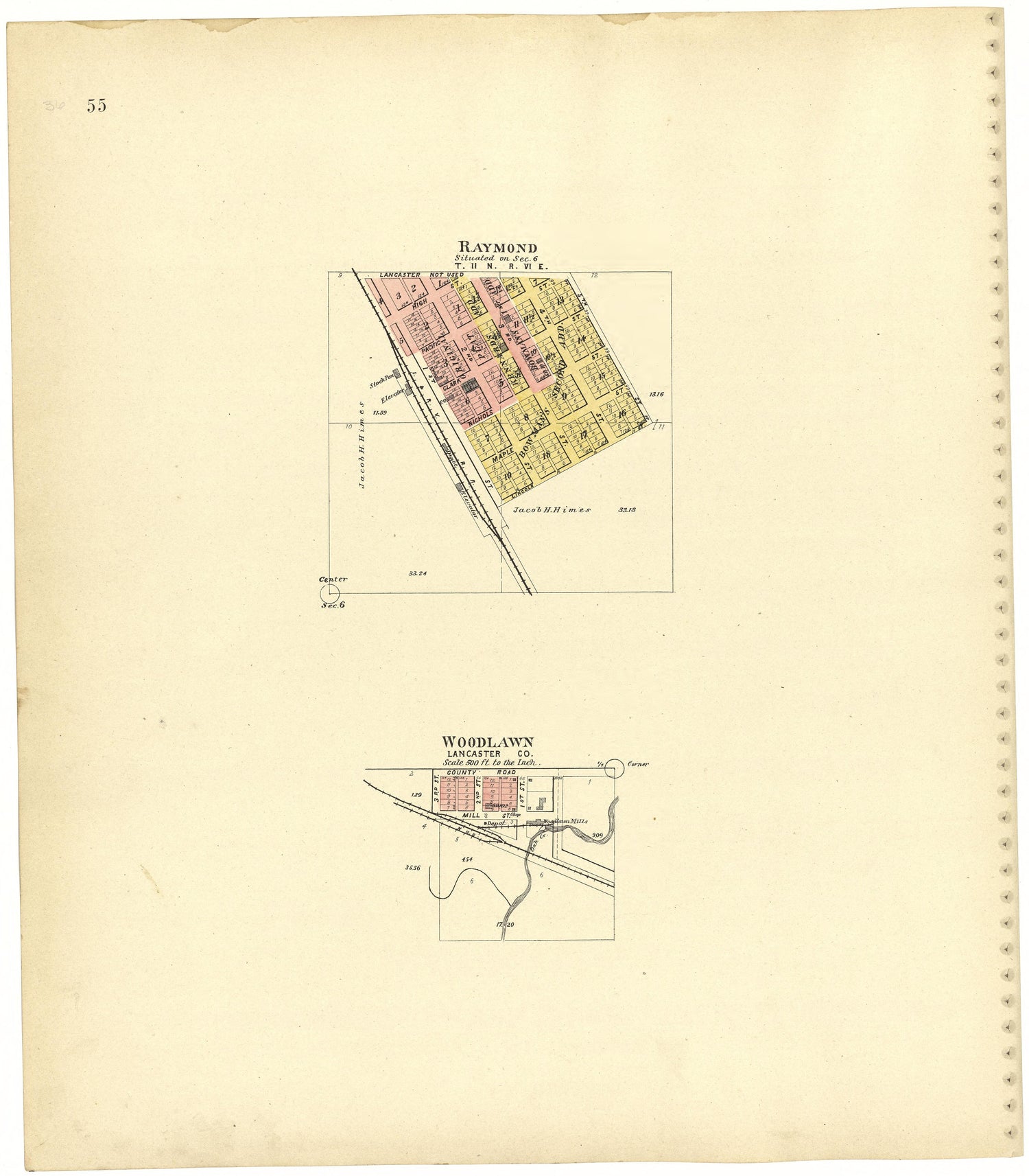 Raymond; Woodlawn from Plat Book of Lancaster County, Nebraska : Containing Carefully Prepared Township Plats, Village Plats, Analysis of U.S. Land System, Leading Farmers Directory, Reminiscences of Old Settlers : Illustrated 1903 by Relic Map Company