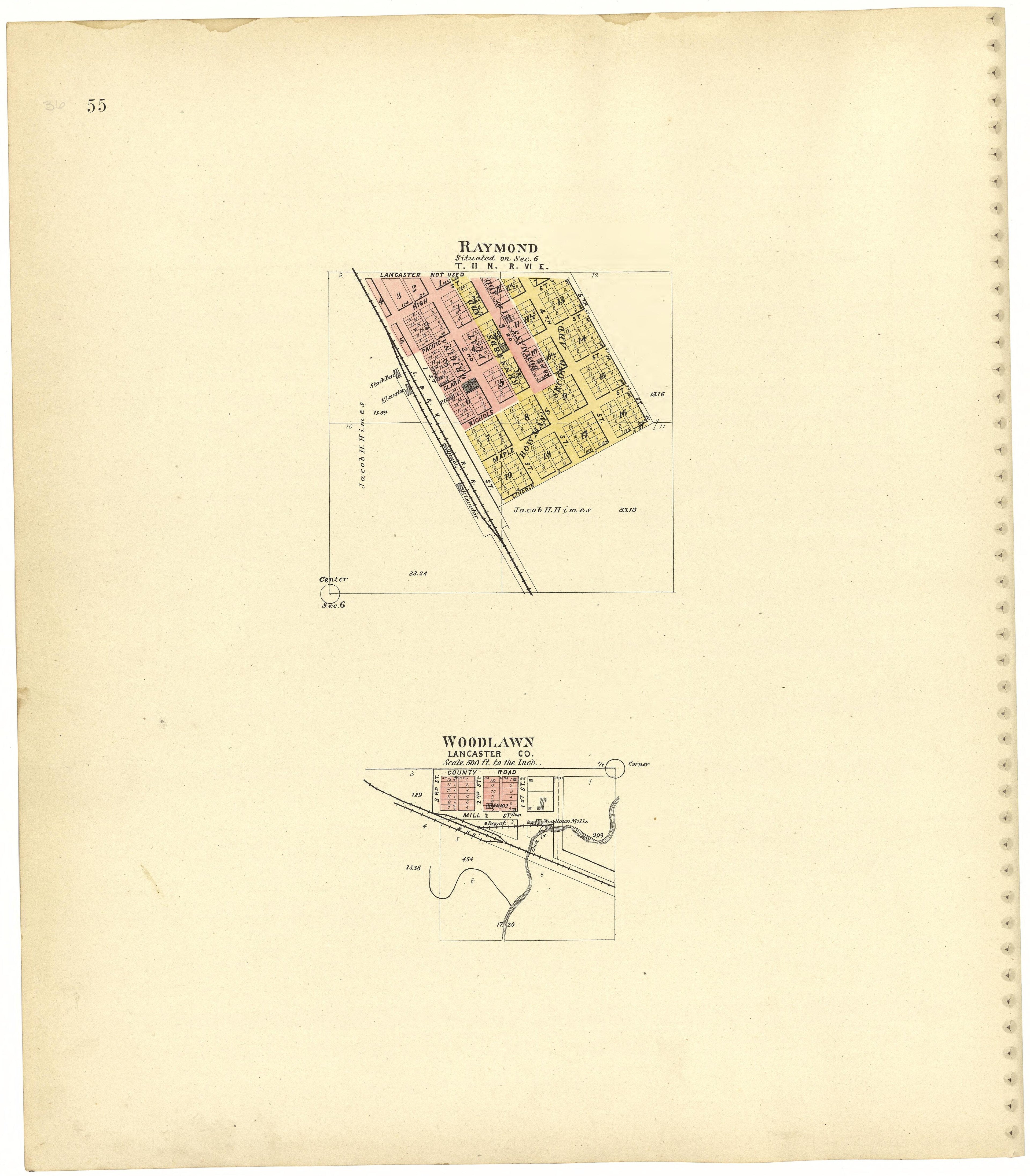 Raymond; Woodlawn from Plat Book of Lancaster County, Nebraska : Containing Carefully Prepared Township Plats, Village Plats, Analysis of U.S. Land System, Leading Farmers Directory, Reminiscences of Old Settlers : Illustrated 1903 by Relic Map Company