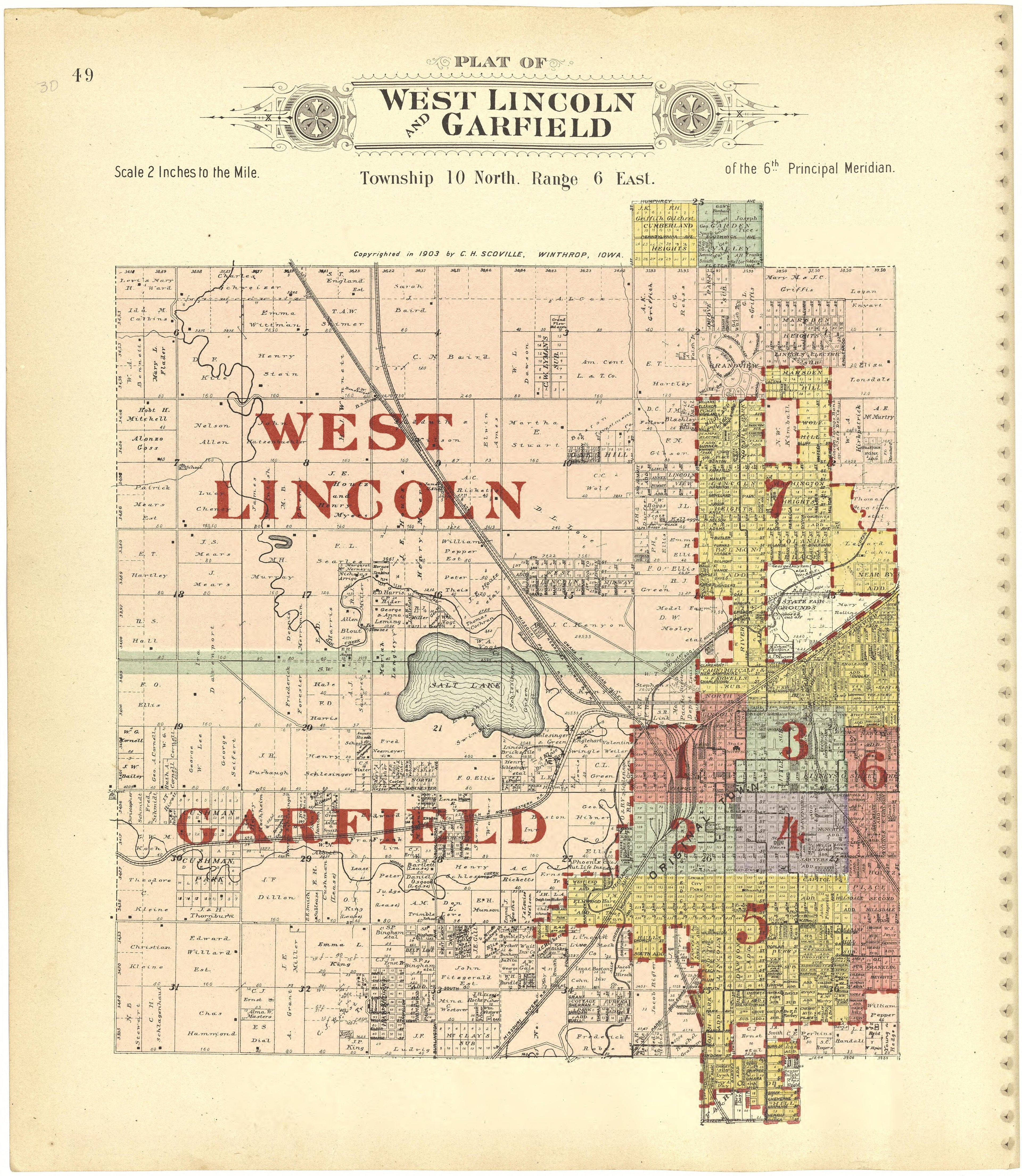 Plat of West Lincoln and Garfield from Plat Book of Lancaster County, Nebraska : Containing Carefully Prepared Township Plats, Village Plats, Analysis of U.S. Land System, Leading Farmers Directory, Reminiscences of Old Settlers : Illustrated 1903 by Relic Map Company