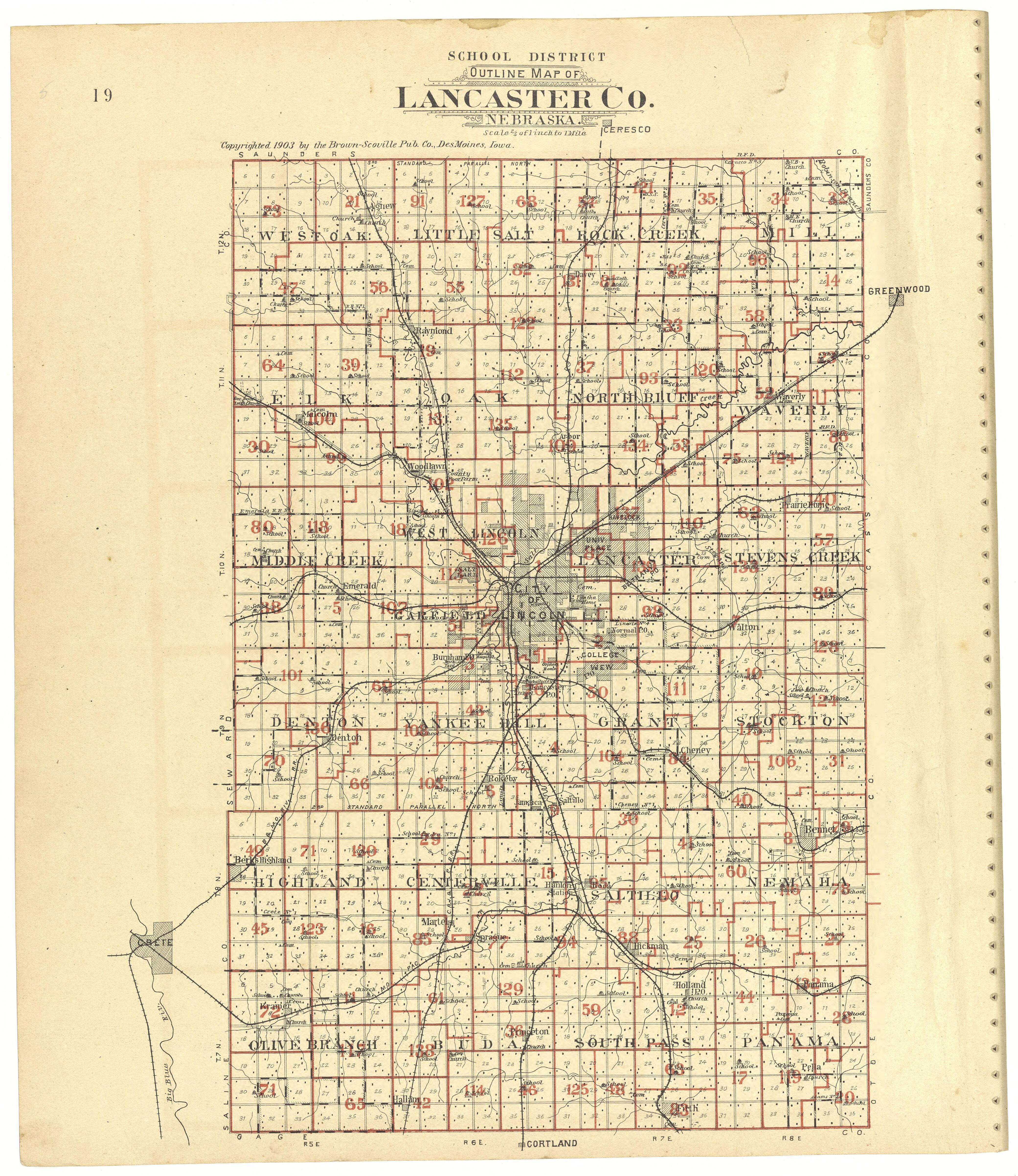 This old map of Lancaster County, Nebraska,  was created by Scoville Publishing Company in 1903