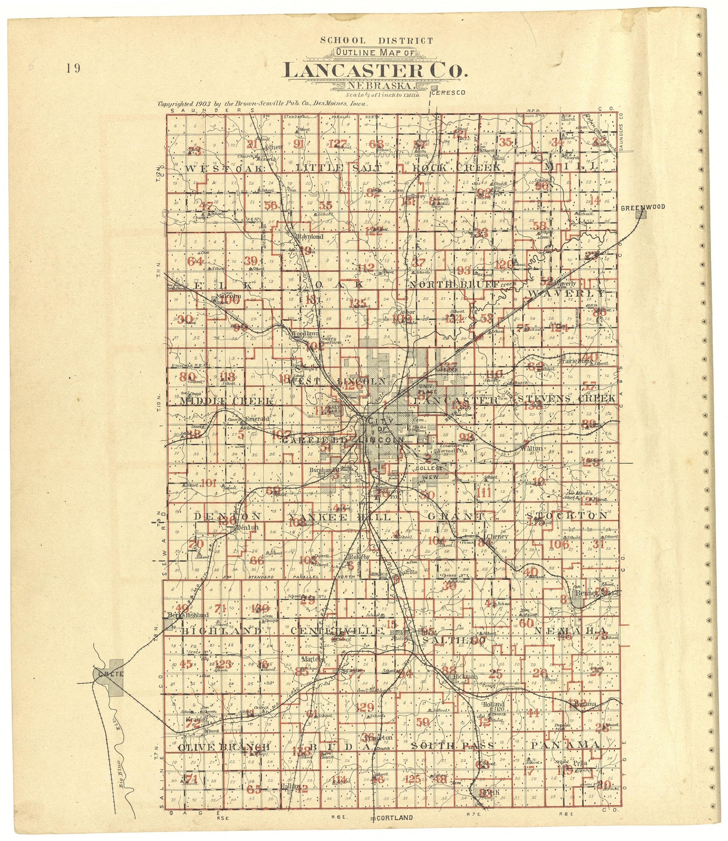 This old map of Lancaster County, Nebraska,  was created by Scoville Publishing Company in 1903