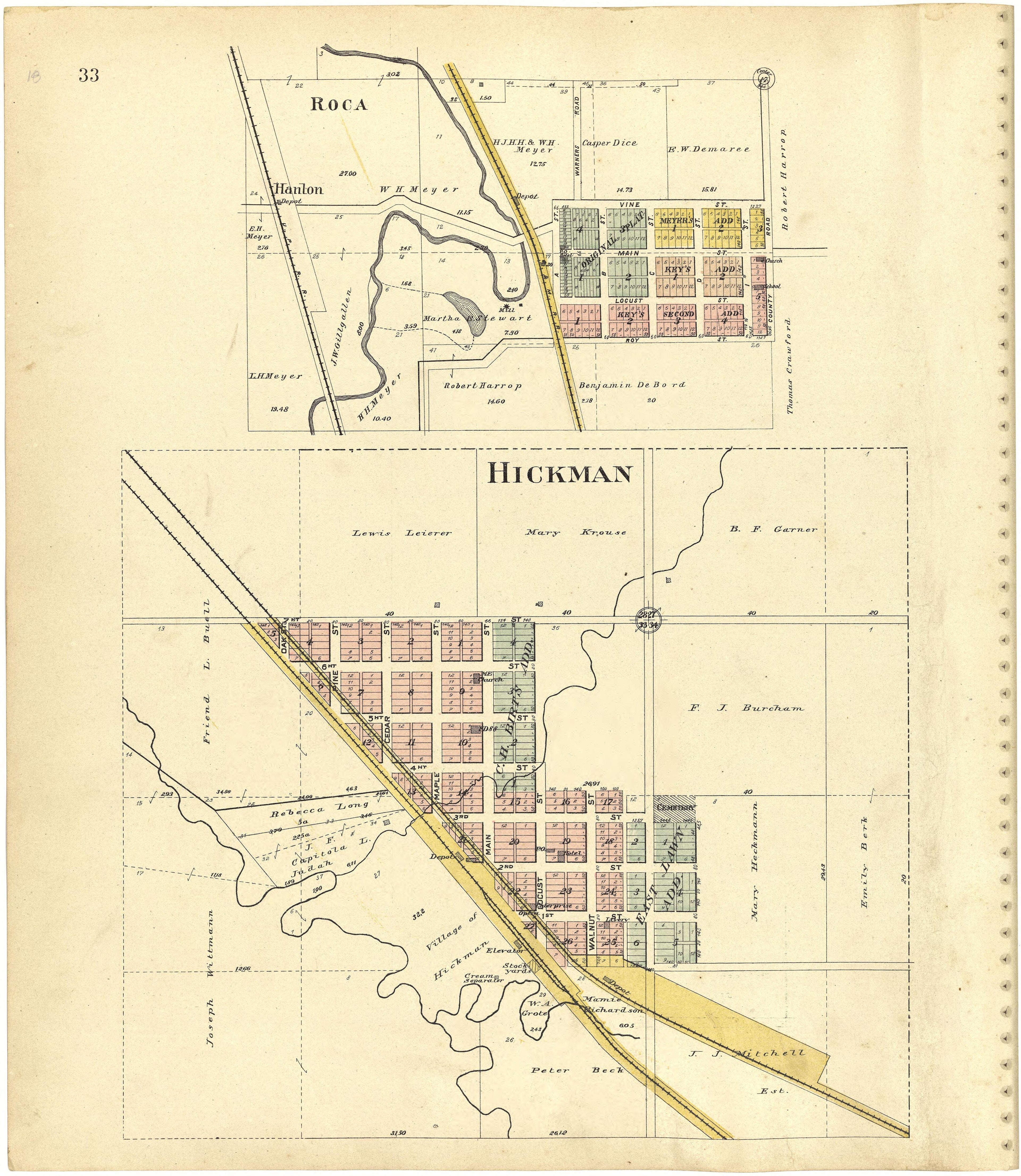 Roca; Hickman from Plat Book of Lancaster County, Nebraska : Containing Carefully Prepared Township Plats, Village Plats, Analysis of U.S. Land System, Leading Farmers Directory, Reminiscences of Old Settlers : Illustrated 1903 by Relic Map Company