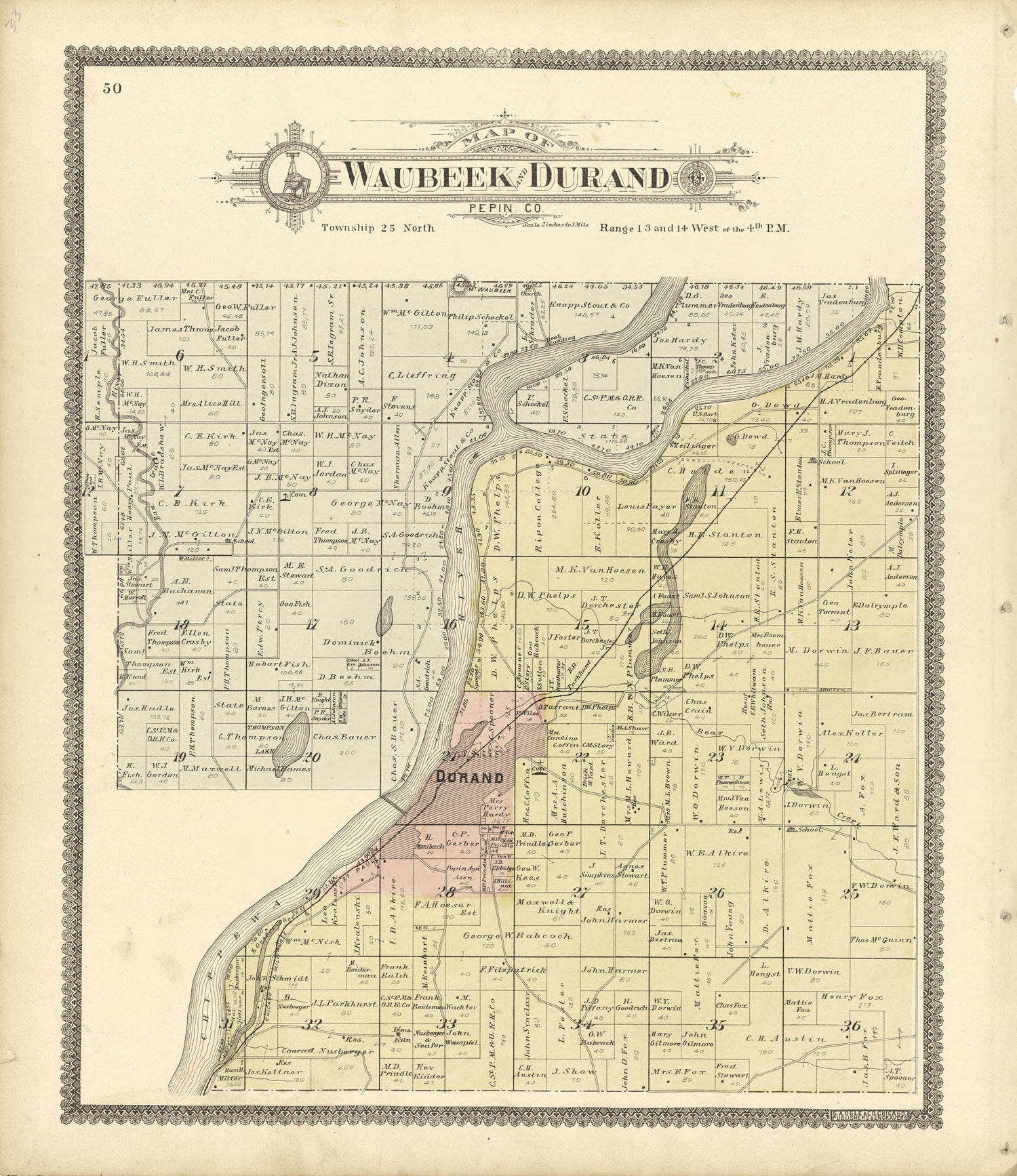 Map of Waubeek and Durand Pepin County from Standard Atlas of Buffalo and Pepin Counties, Wisconsin : Including a Plat Book of the Villages, Cities and Townships of the County, Map of the State, United States and World : Farmers … 1896 by Relic Map Company