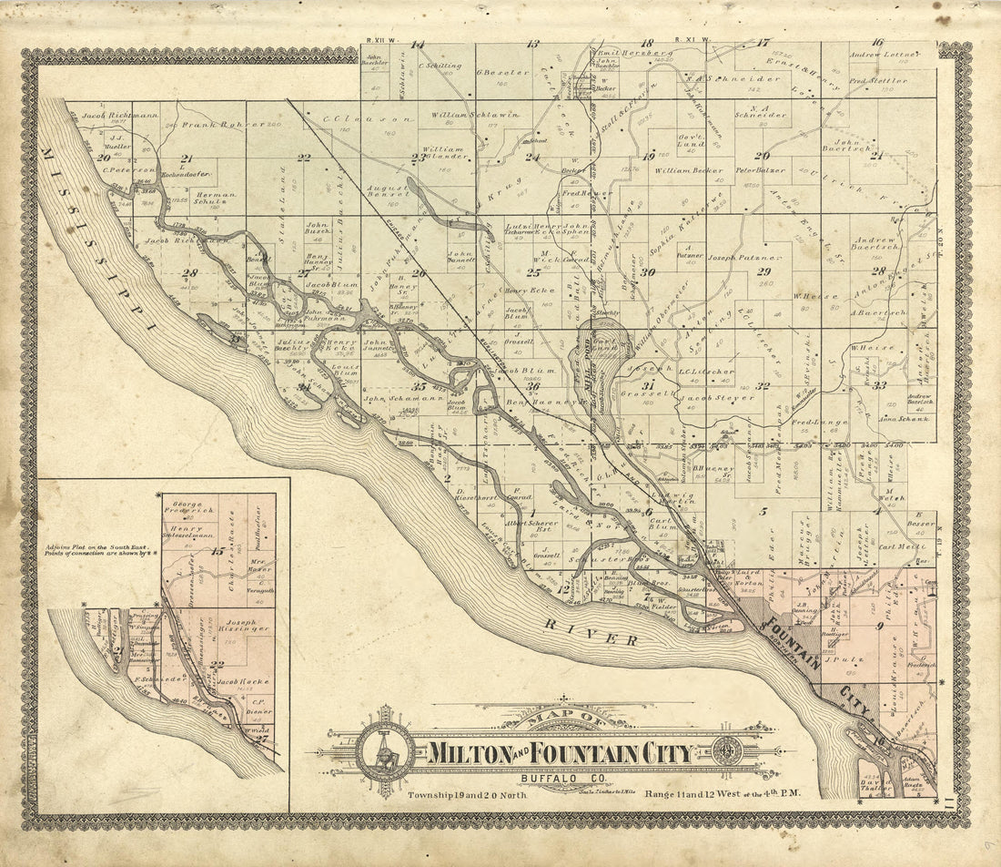 Map of Milton and Fountain City Buffalo County from Standard Atlas of Buffalo and Pepin Counties, Wisconsin : Including a Plat Book of the Villages, Cities and Townships of the County, Map of the State, United States and World : Farmers … 1896 by Relic Map Company