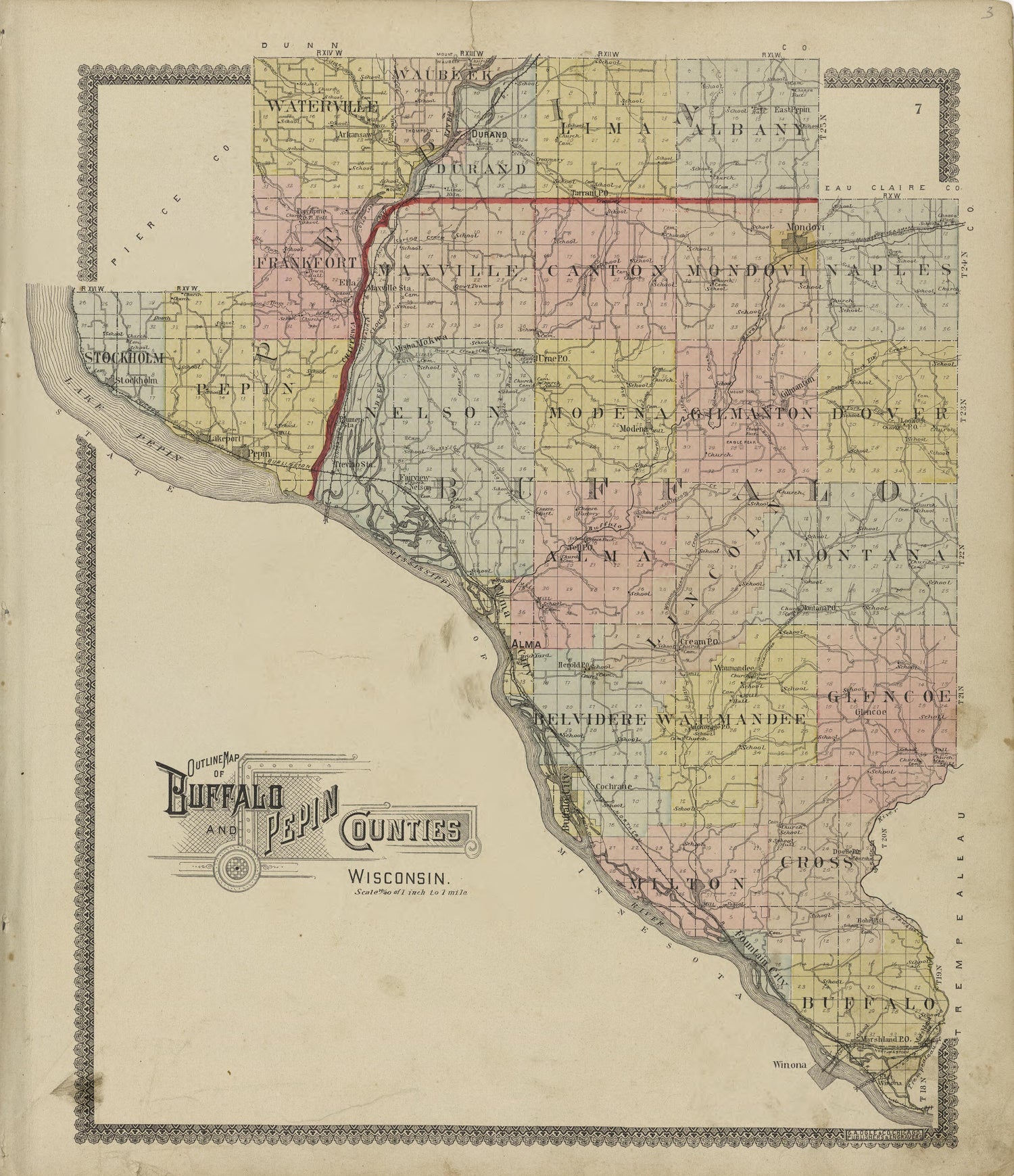 Outline Map of Buffalo and Pepin Counties Wisconsin. from Standard Atlas of Buffalo and Pepin Counties, Wisconsin : Including a Plat Book of the Villages, Cities and Townships of the County, Map of the State, United States and World : Farmers … 1896 by Relic Map Company