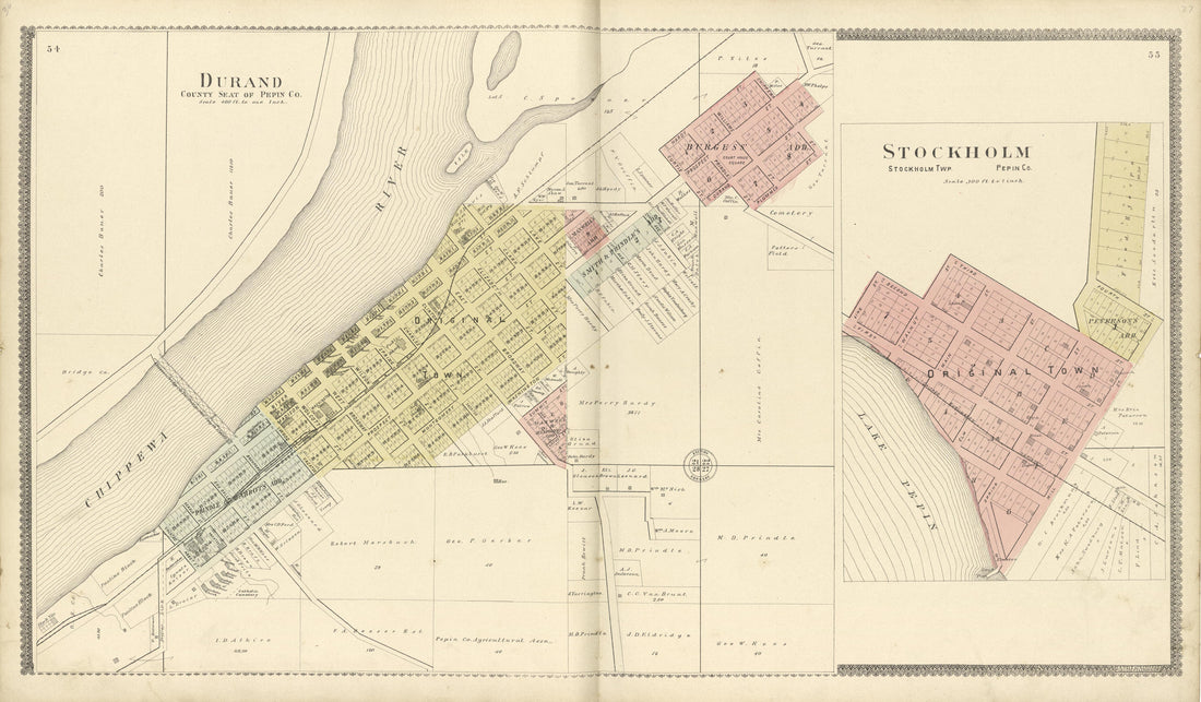 Durand County Seat of Pepin County and Stockholm Township from Standard Atlas of Buffalo and Pepin Counties, Wisconsin : Including a Plat Book of the Villages, Cities and Townships of the County, Map of the State, United States and World : Farmers …... by Relic Map Company