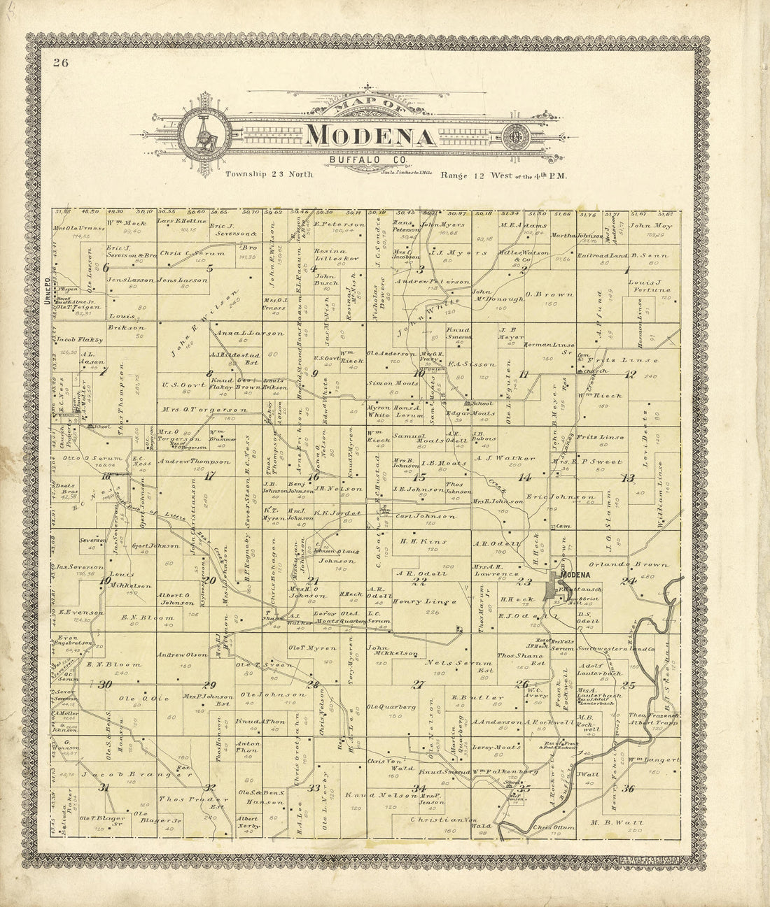 Map of Modena Buffalo County from Standard Atlas of Buffalo and Pepin Counties, Wisconsin : Including a Plat Book of the Villages, Cities and Townships of the County, Map of the State, United States and World : Farmers … 1896 by Relic Map Company