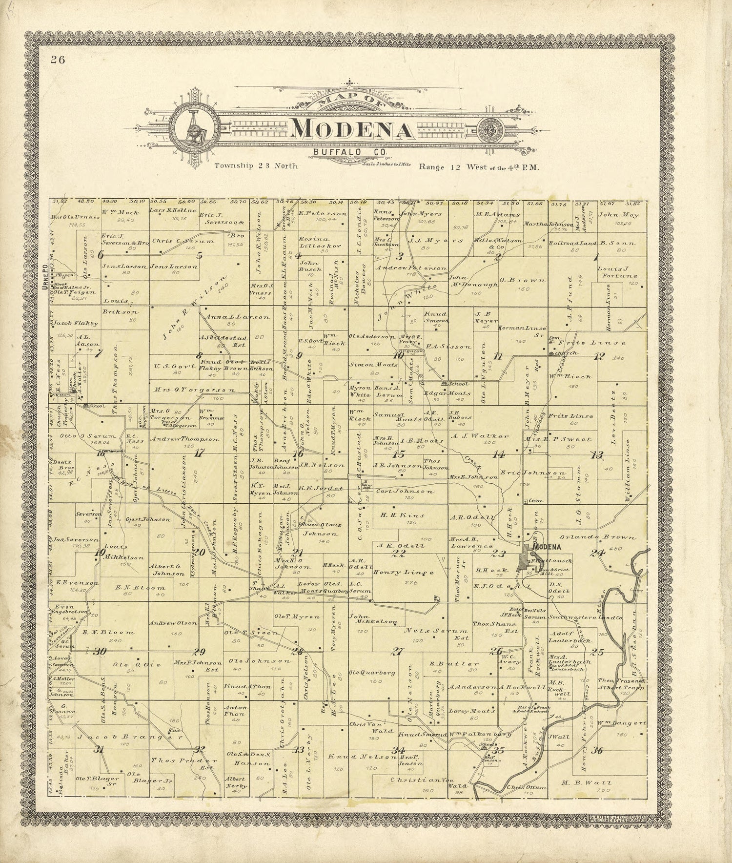 Map of Modena Buffalo County from Standard Atlas of Buffalo and Pepin Counties, Wisconsin : Including a Plat Book of the Villages, Cities and Townships of the County, Map of the State, United States and World : Farmers … 1896 by Relic Map Company