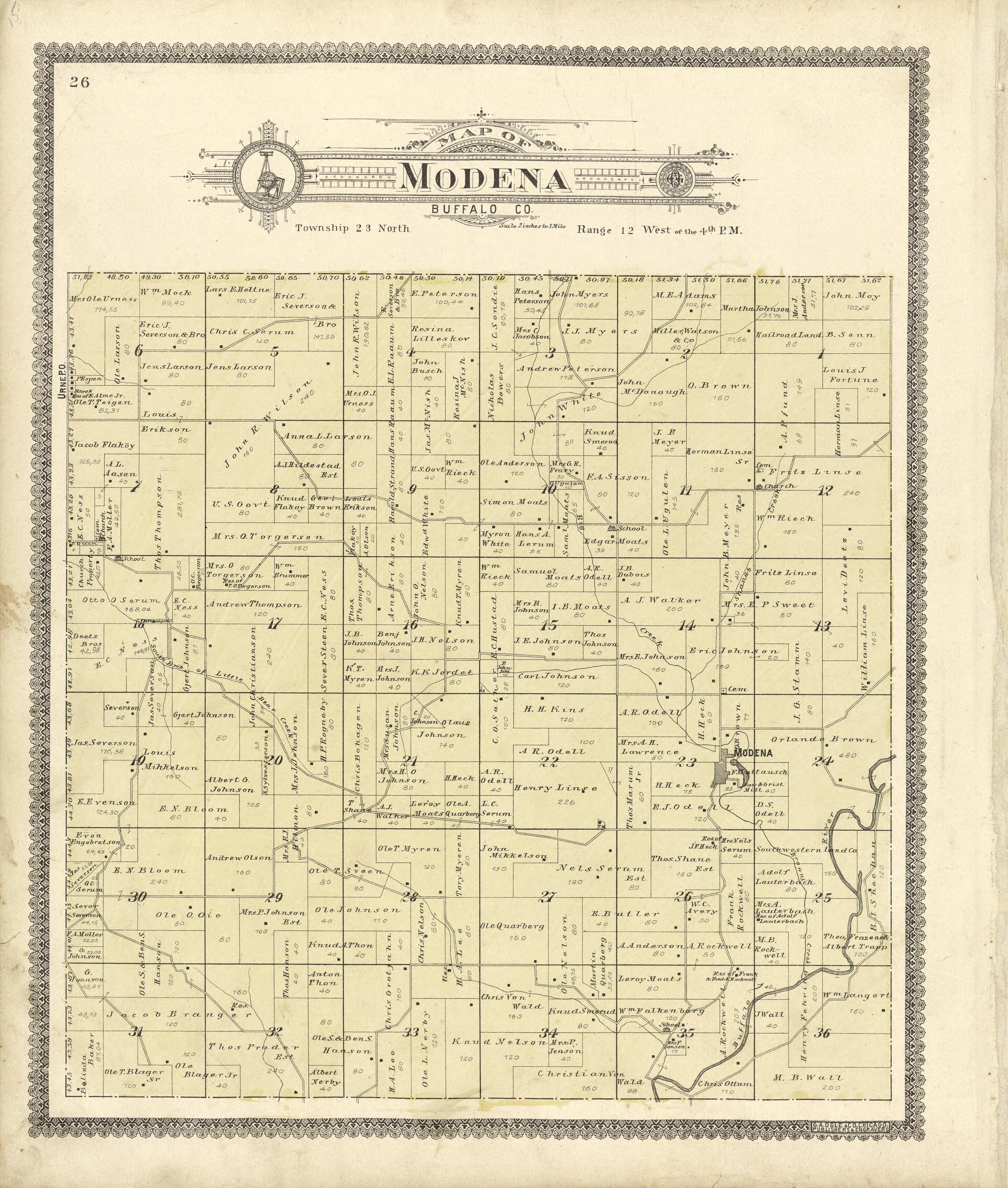 Map of Modena Buffalo County from Standard Atlas of Buffalo and Pepin Counties, Wisconsin : Including a Plat Book of the Villages, Cities and Townships of the County, Map of the State, United States and World : Farmers … 1896 by Relic Map Company