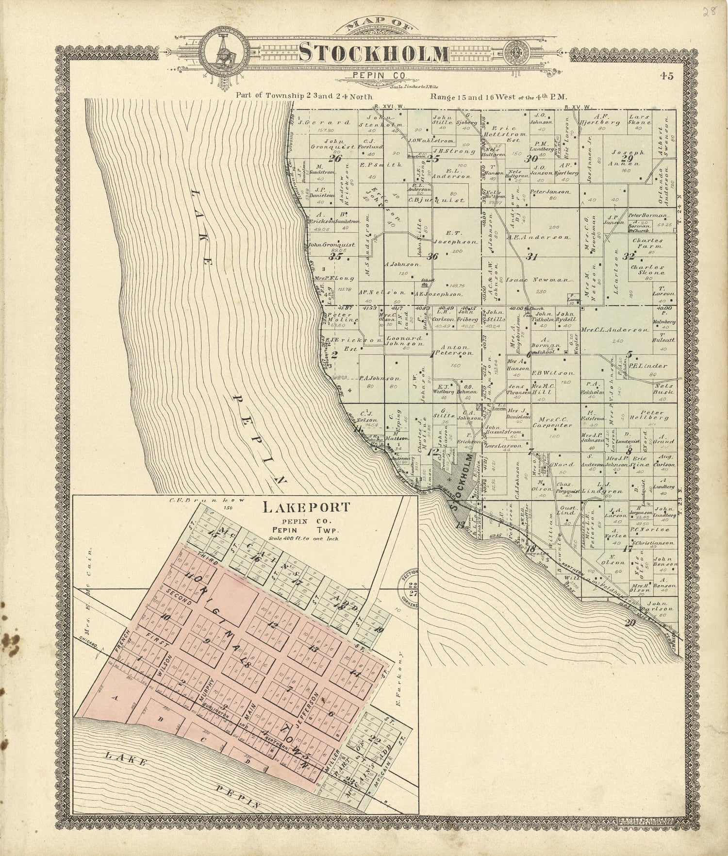 Map of Stockholm Pepin County from Standard Atlas of Buffalo and Pepin Counties, Wisconsin : Including a Plat Book of the Villages, Cities and Townships of the County, Map of the State, United States and World : Farmers … 1896 by Relic Map Company